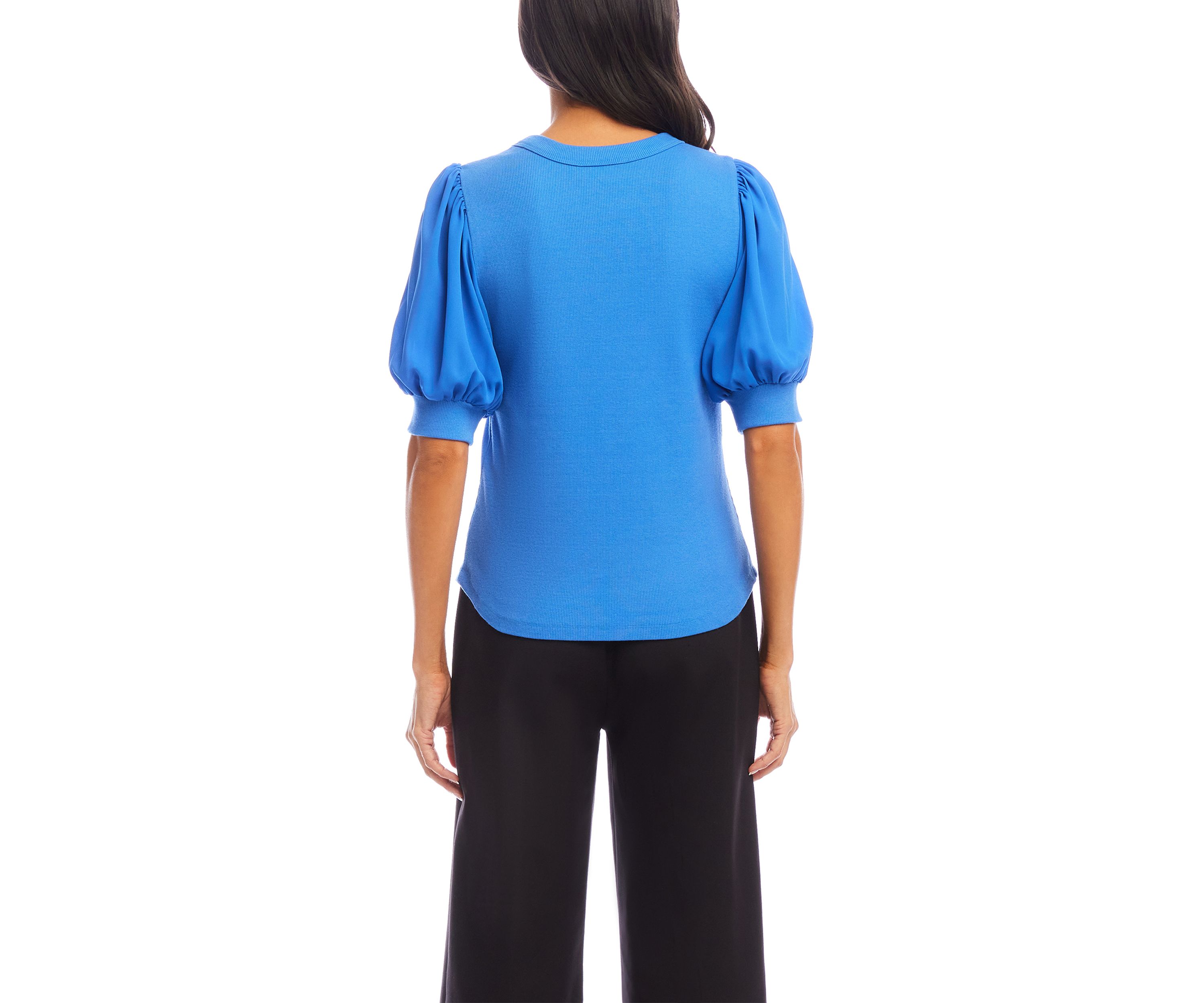Womens Puff Sleeve Contrast Shirttail Top
