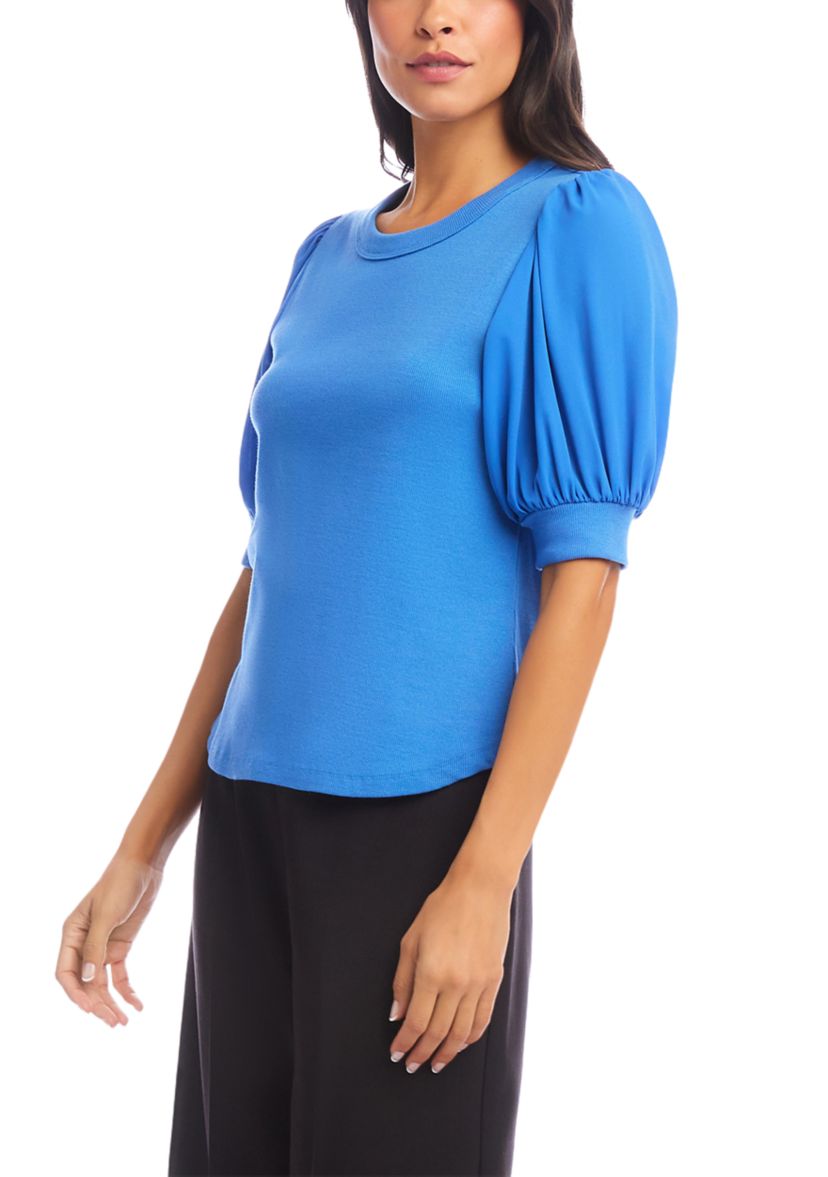 Womens Puff Sleeve Contrast Shirttail Top