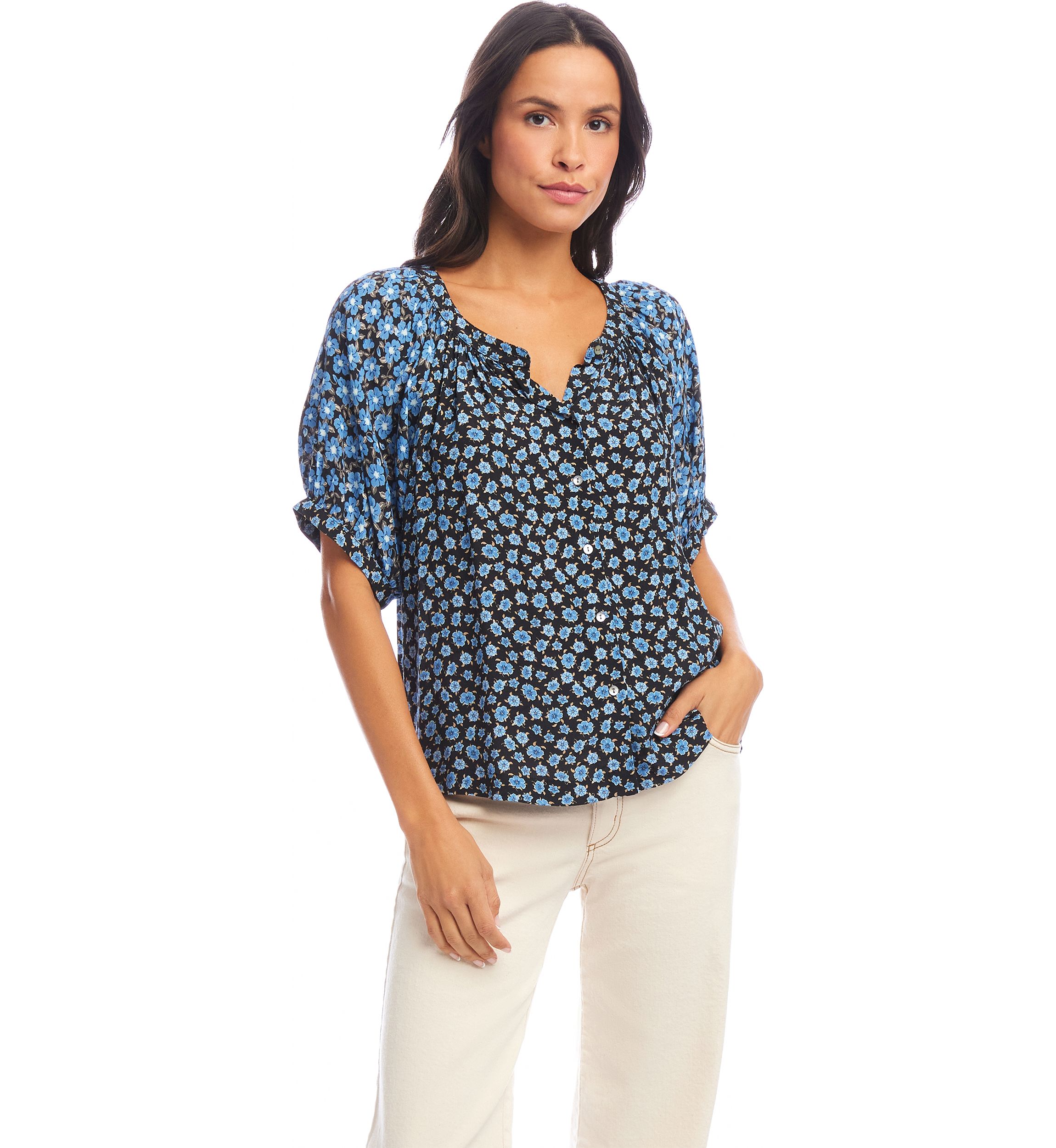  Womens Contrast Short Sleeve Peasant Top