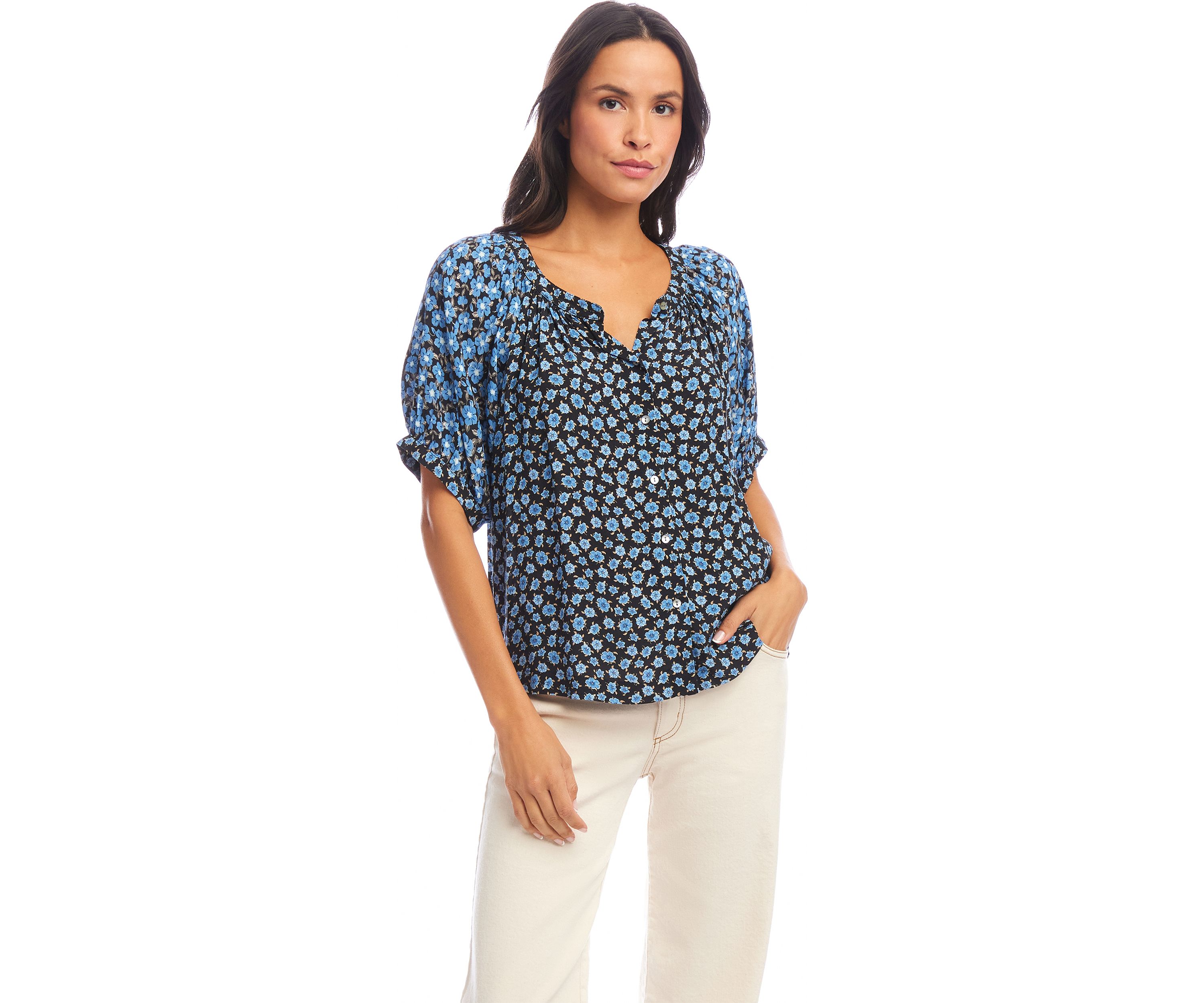  Womens Contrast Short Sleeve Peasant Top