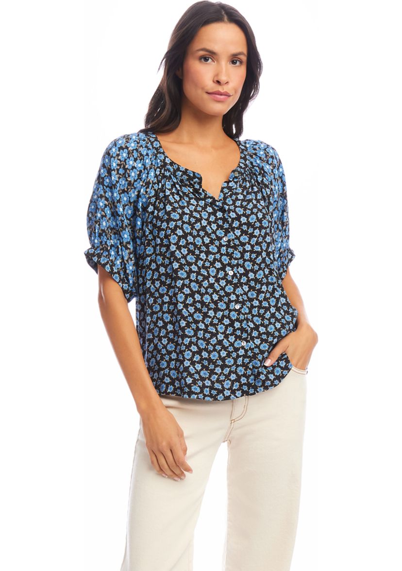  Womens Contrast Short Sleeve Peasant Top
