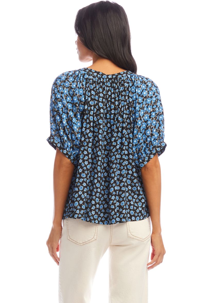  Womens Contrast Short Sleeve Peasant Top