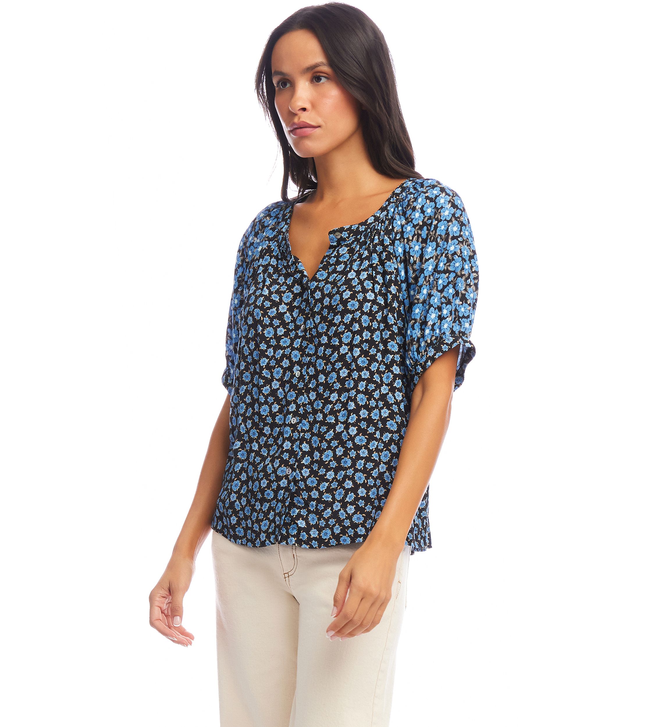  Womens Contrast Short Sleeve Peasant Top