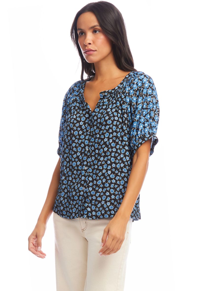  Womens Contrast Short Sleeve Peasant Top