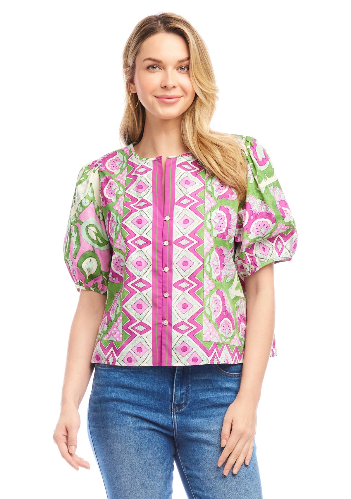 Womens Puff Sleeve Button-Front Shirt