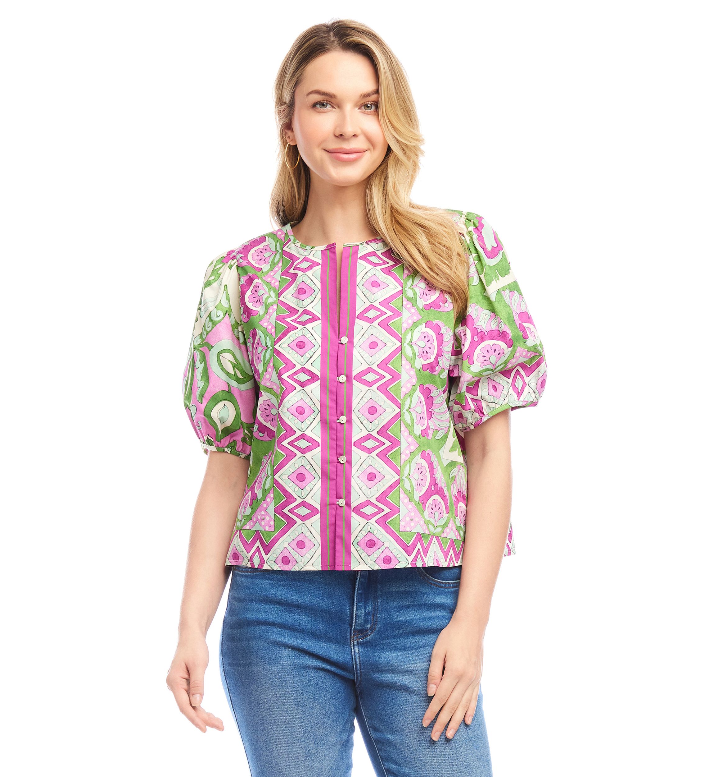 Womens Puff Sleeve Button-Front Shirt