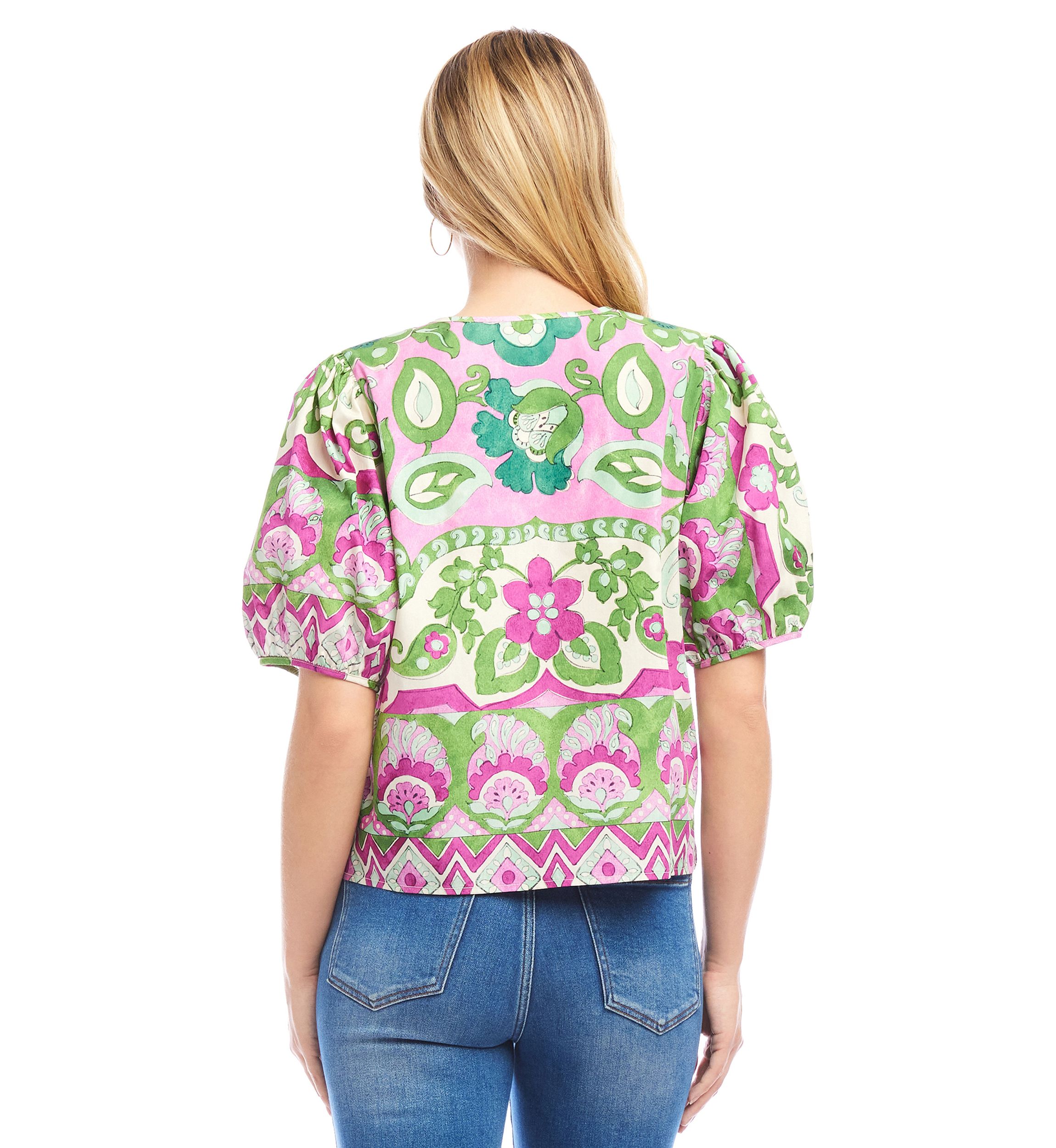 Womens Puff Sleeve Button-Front Shirt