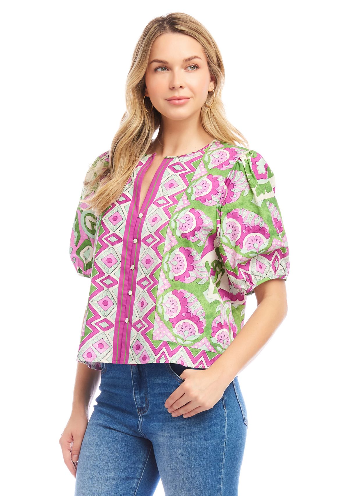 Womens Puff Sleeve Button-Front Shirt
