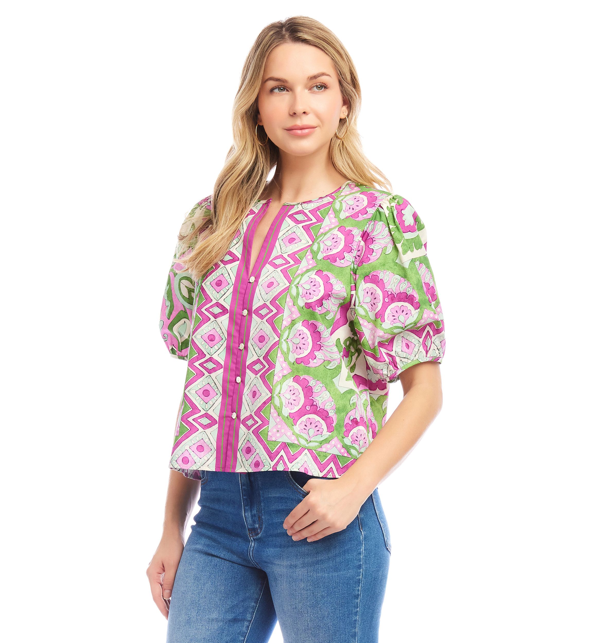 Womens Puff Sleeve Button-Front Shirt