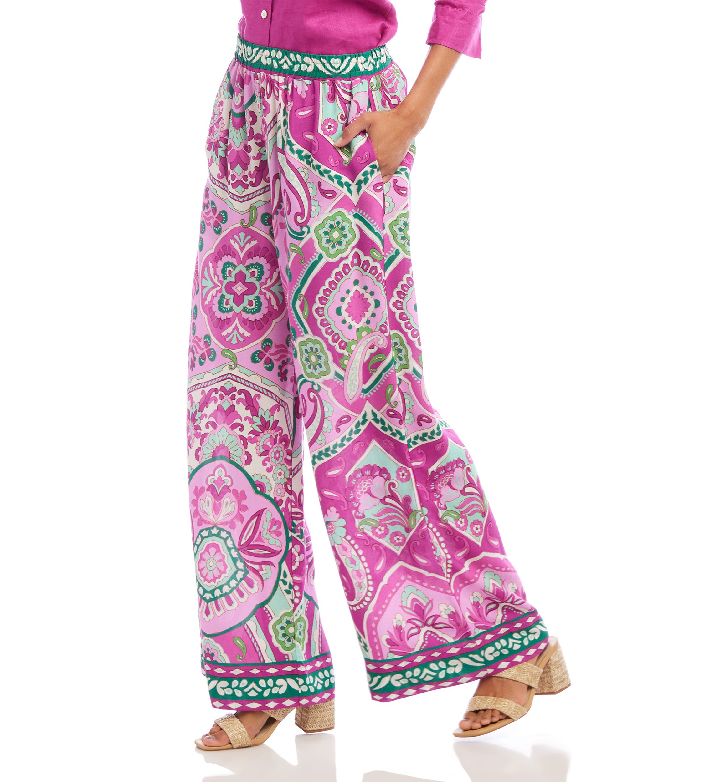 Womens Wide Leg Paisley Tile Printed Pants