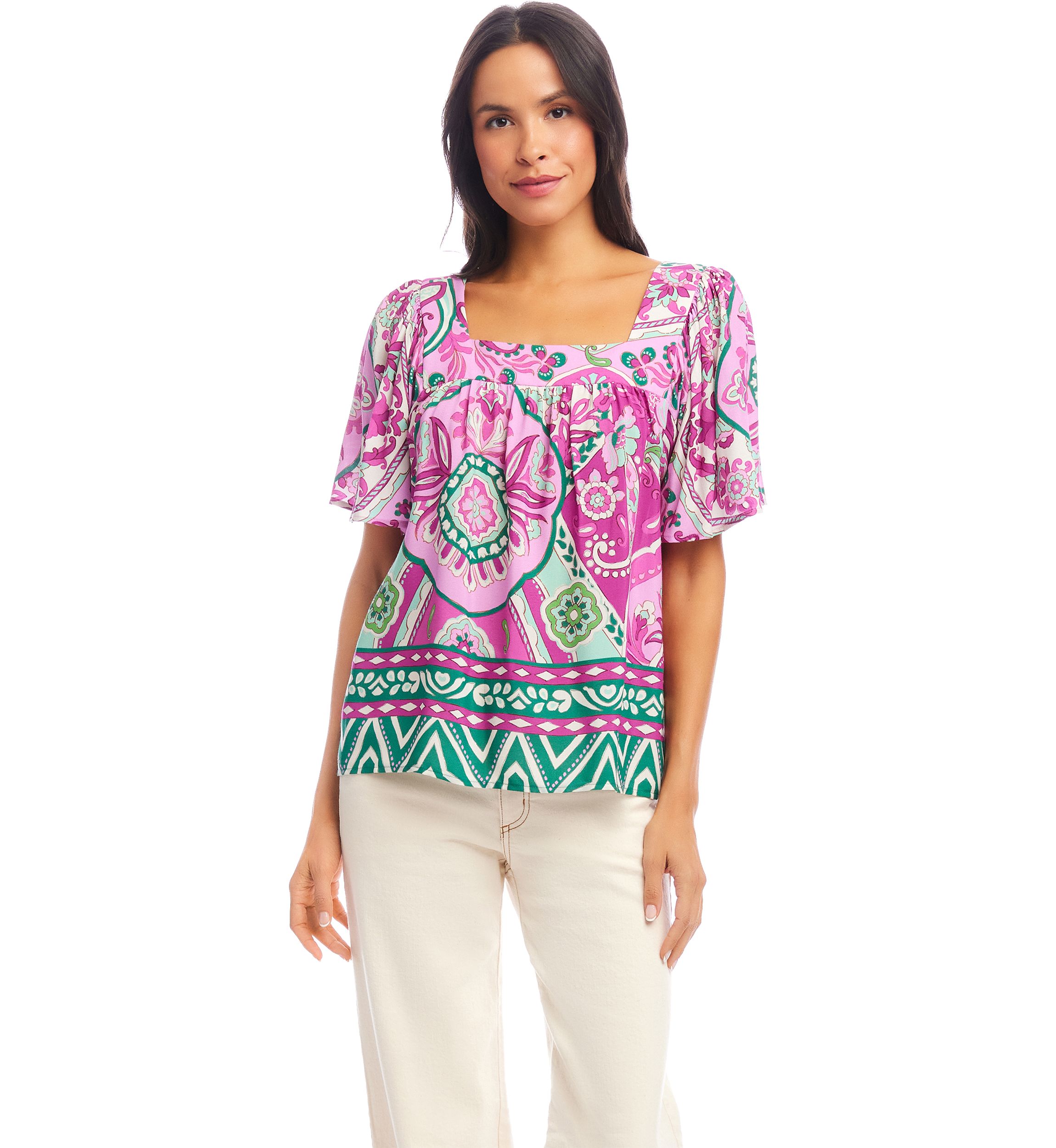 Petite Size Flare Sleeve Square Neck Top