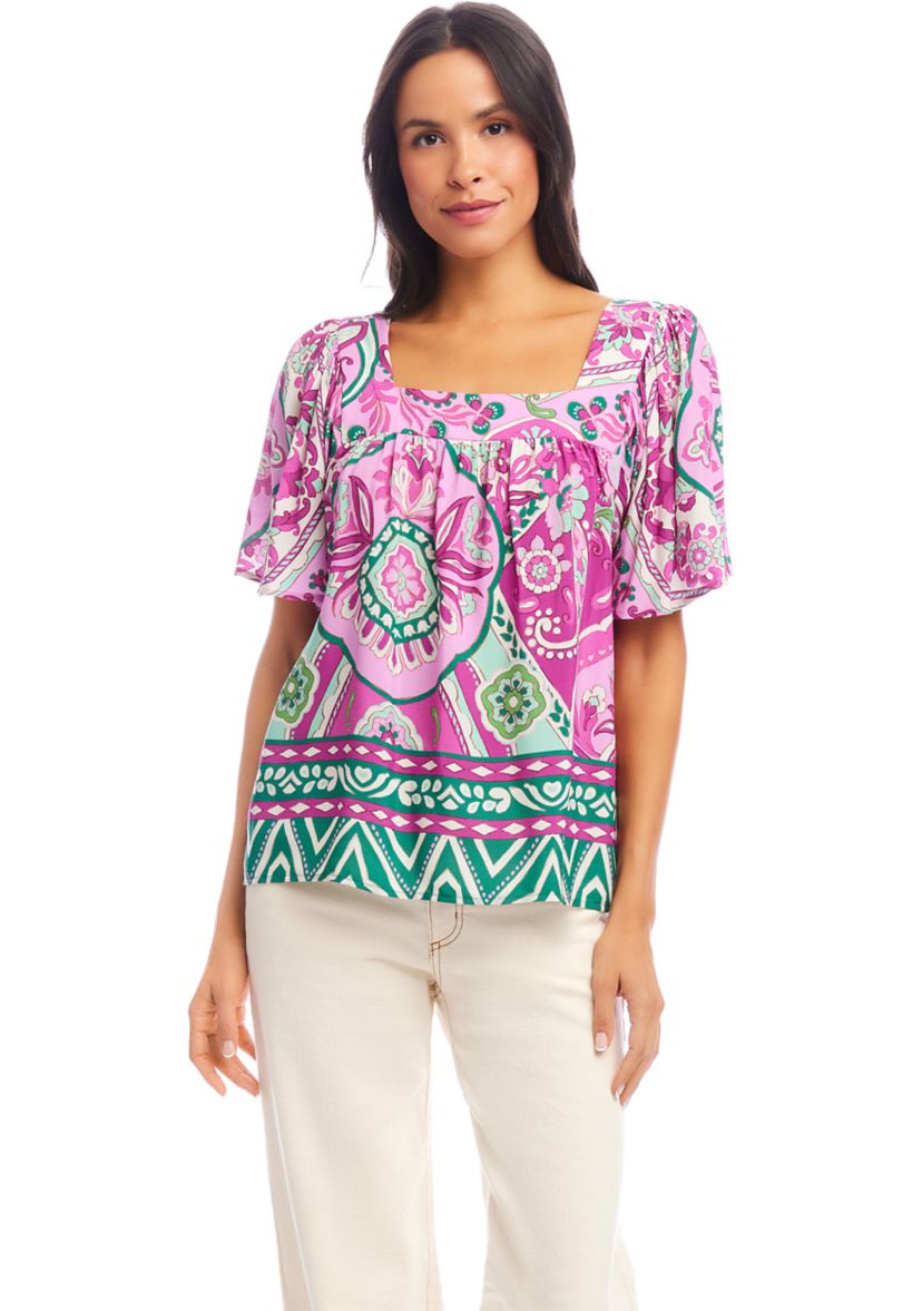 Petite Size Flare Sleeve Square Neck Top