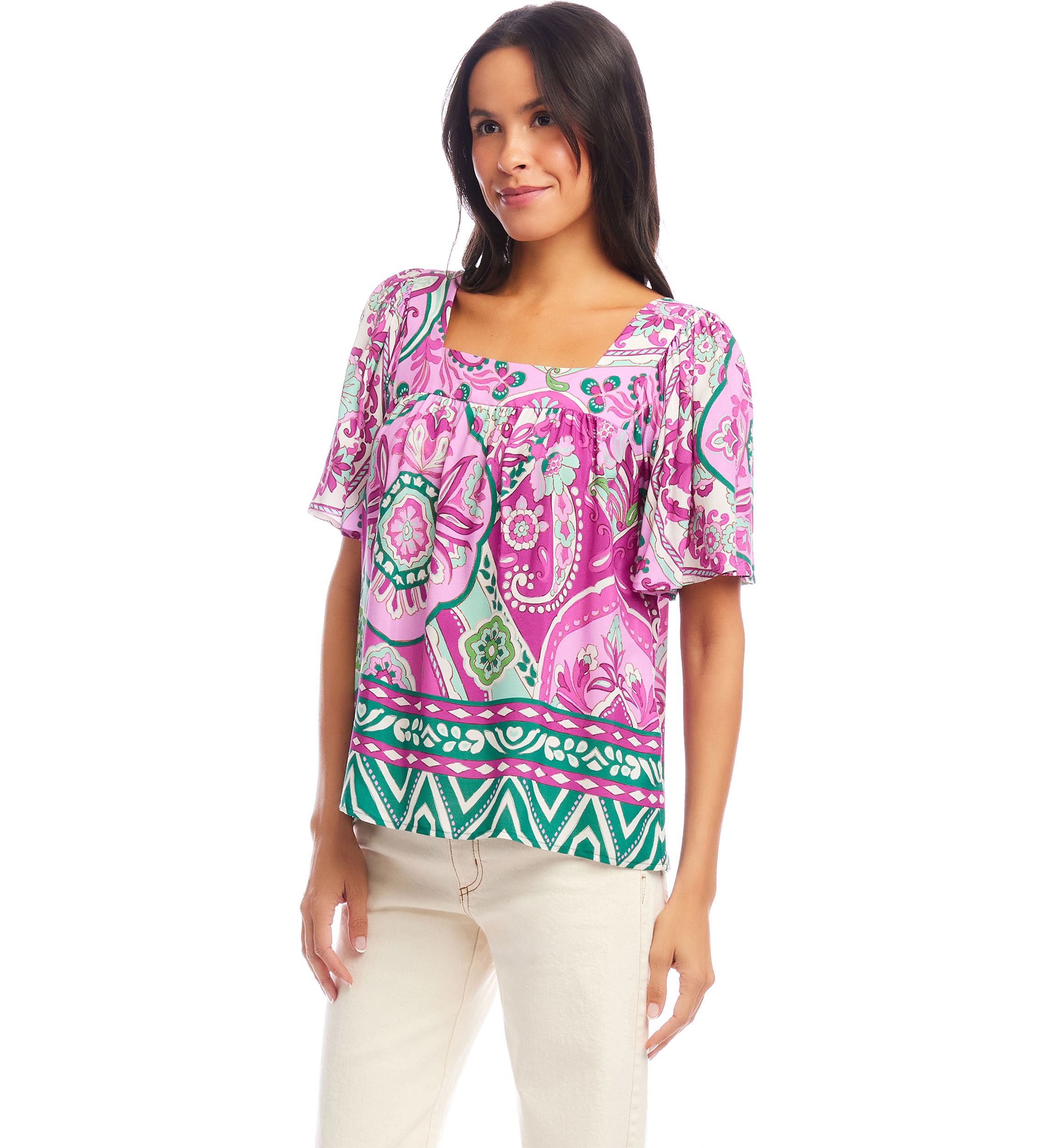 Petite Size Flare Sleeve Square Neck Top