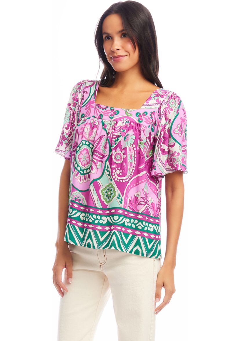 Petite Size Flare Sleeve Square Neck Top