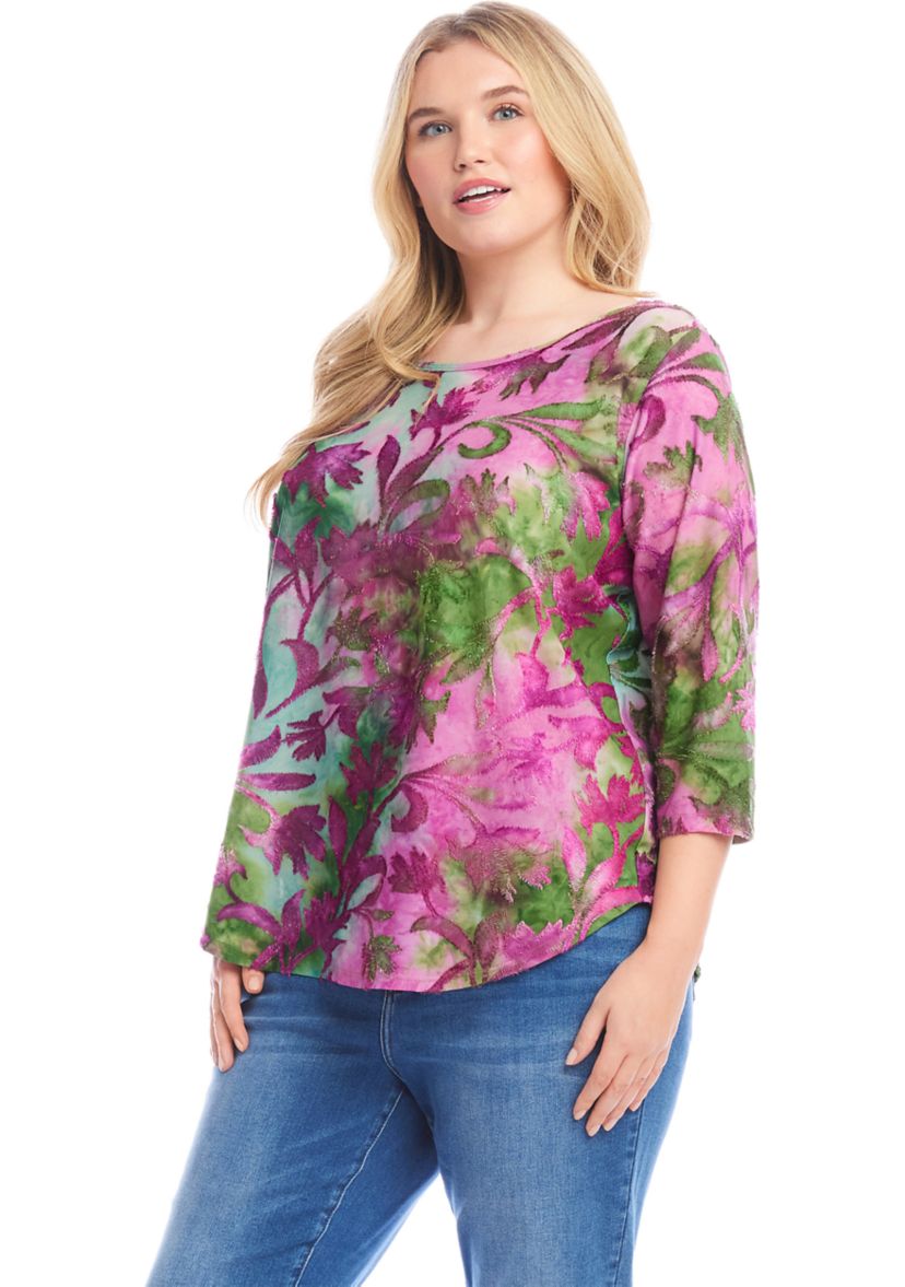 Plus Size Tie Dye Burnout Shirttail Top