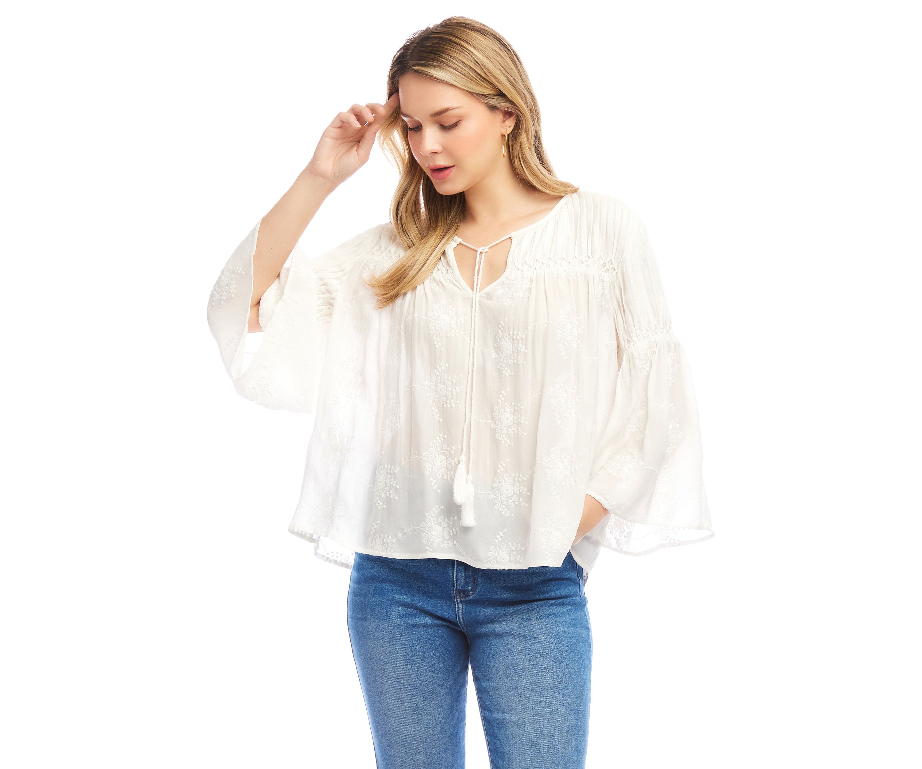 Womens Flare Sleeve Embroidered Pintuck Detail Top