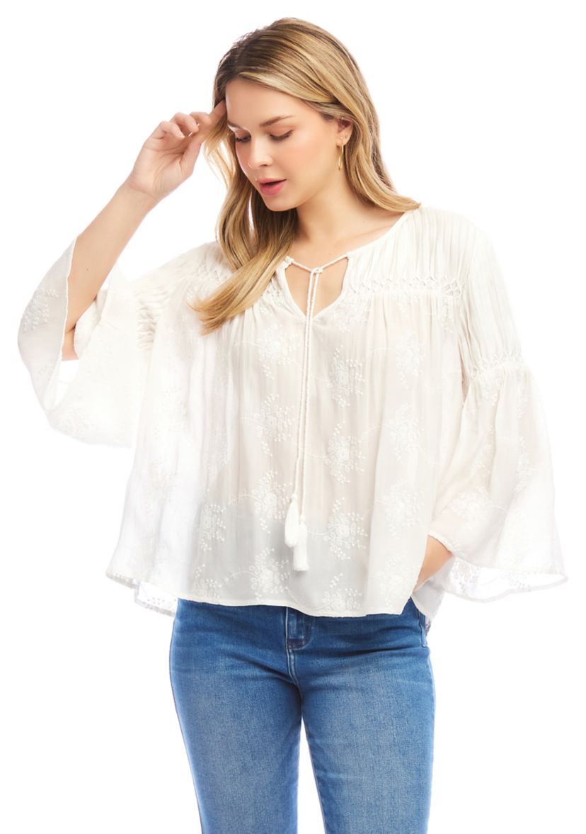 Womens Flare Sleeve Embroidered Pintuck Detail Top