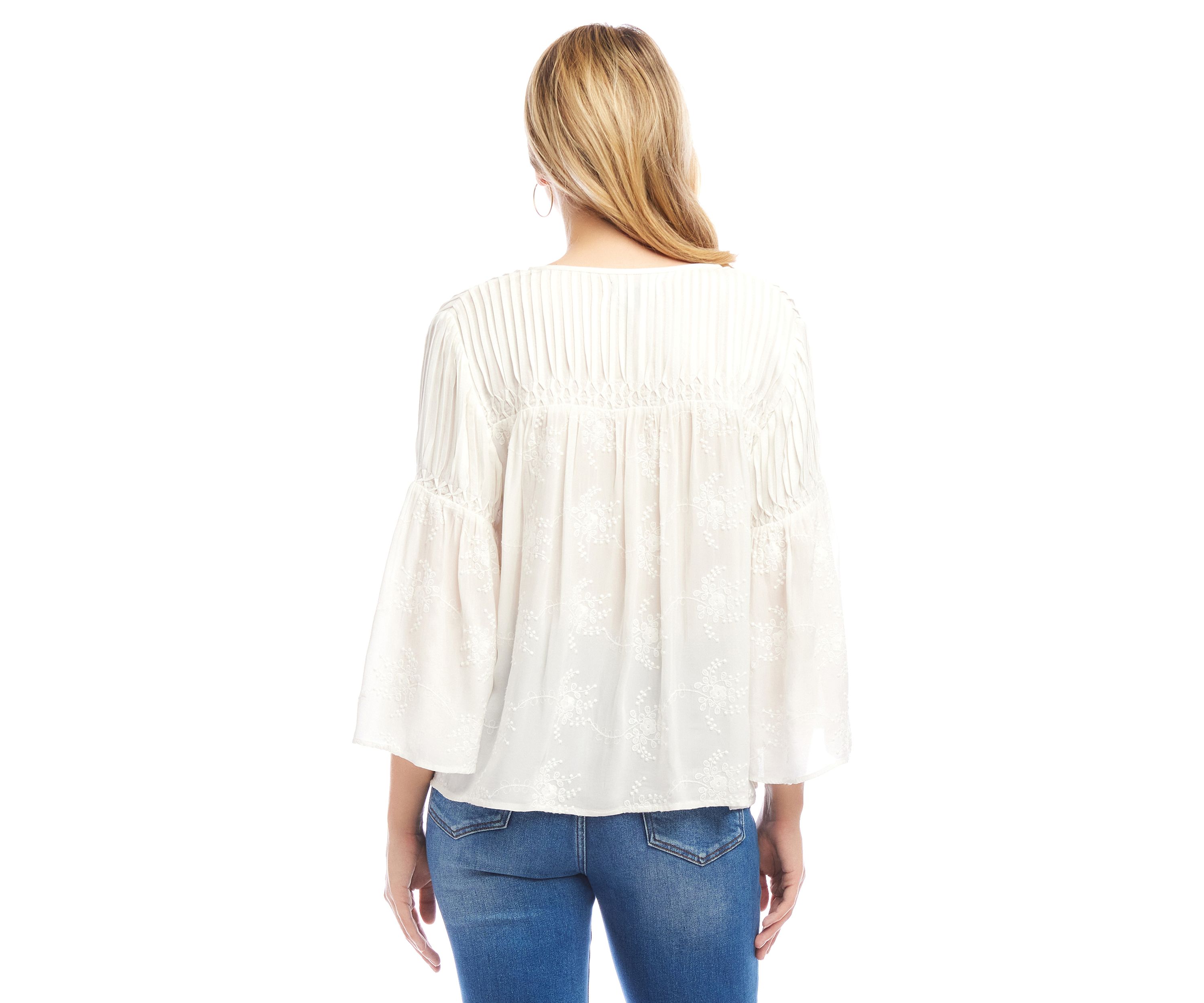 Womens Flare Sleeve Embroidered Pintuck Detail Top