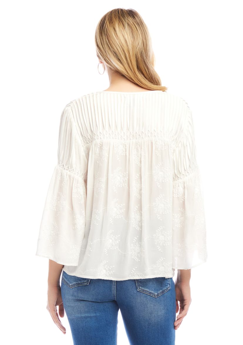 Womens Flare Sleeve Embroidered Pintuck Detail Top