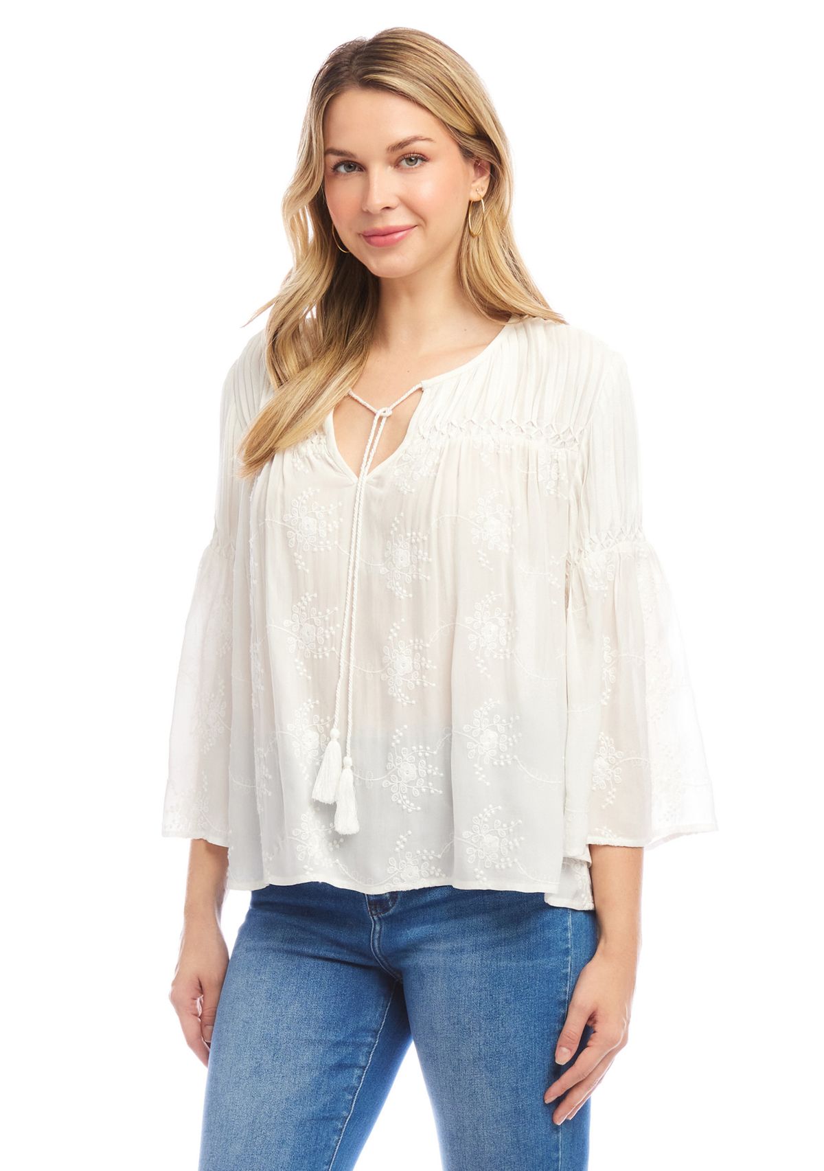 Womens Flare Sleeve Embroidered Pintuck Detail Top