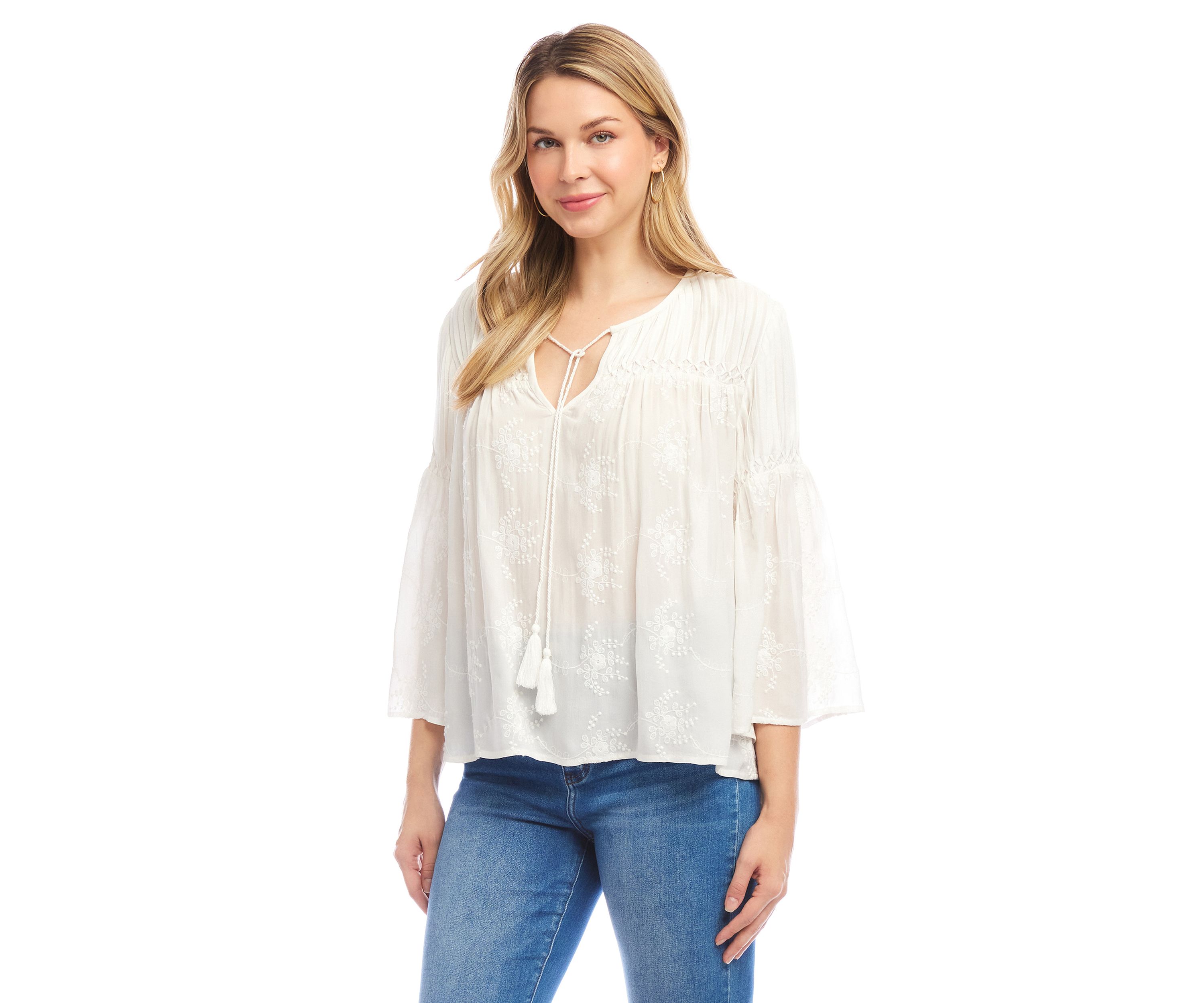 Womens Flare Sleeve Embroidered Pintuck Detail Top