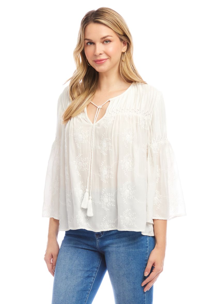 Womens Flare Sleeve Embroidered Pintuck Detail Top