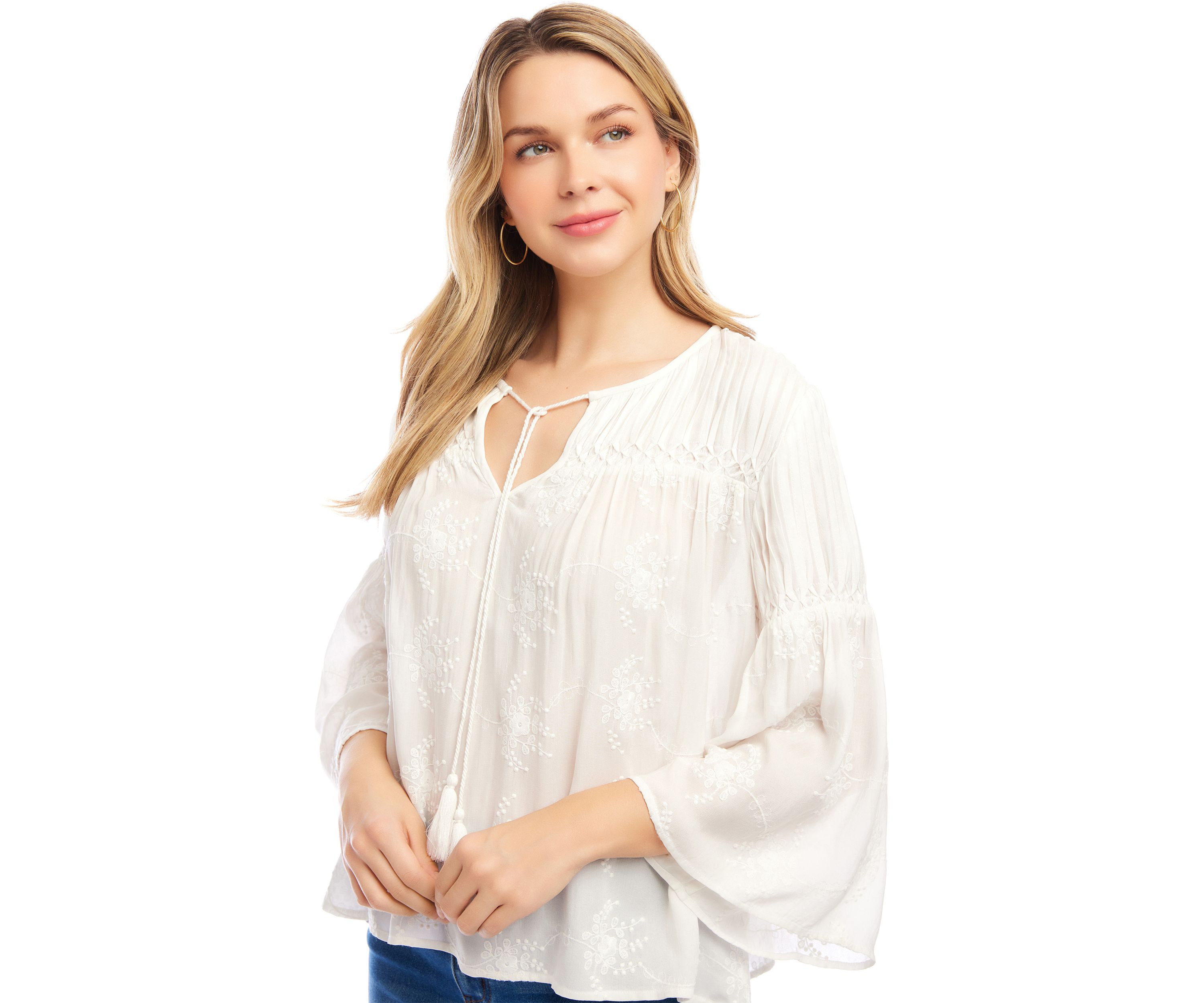 Womens Flare Sleeve Embroidered Pintuck Detail Top