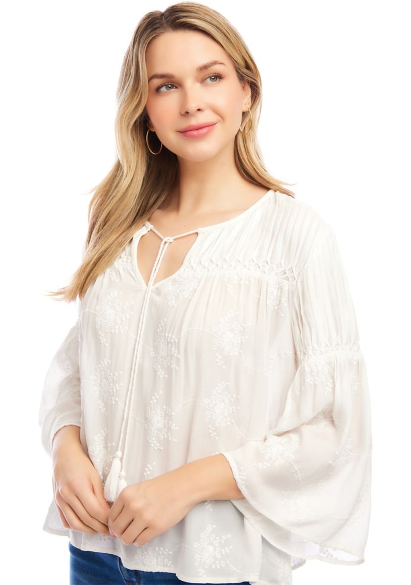 Womens Flare Sleeve Embroidered Pintuck Detail Top
