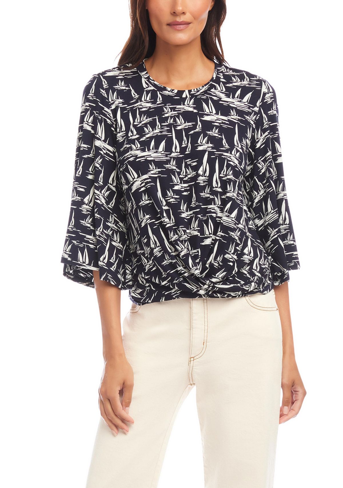 Womens Flare Sleeve Drape Front Top