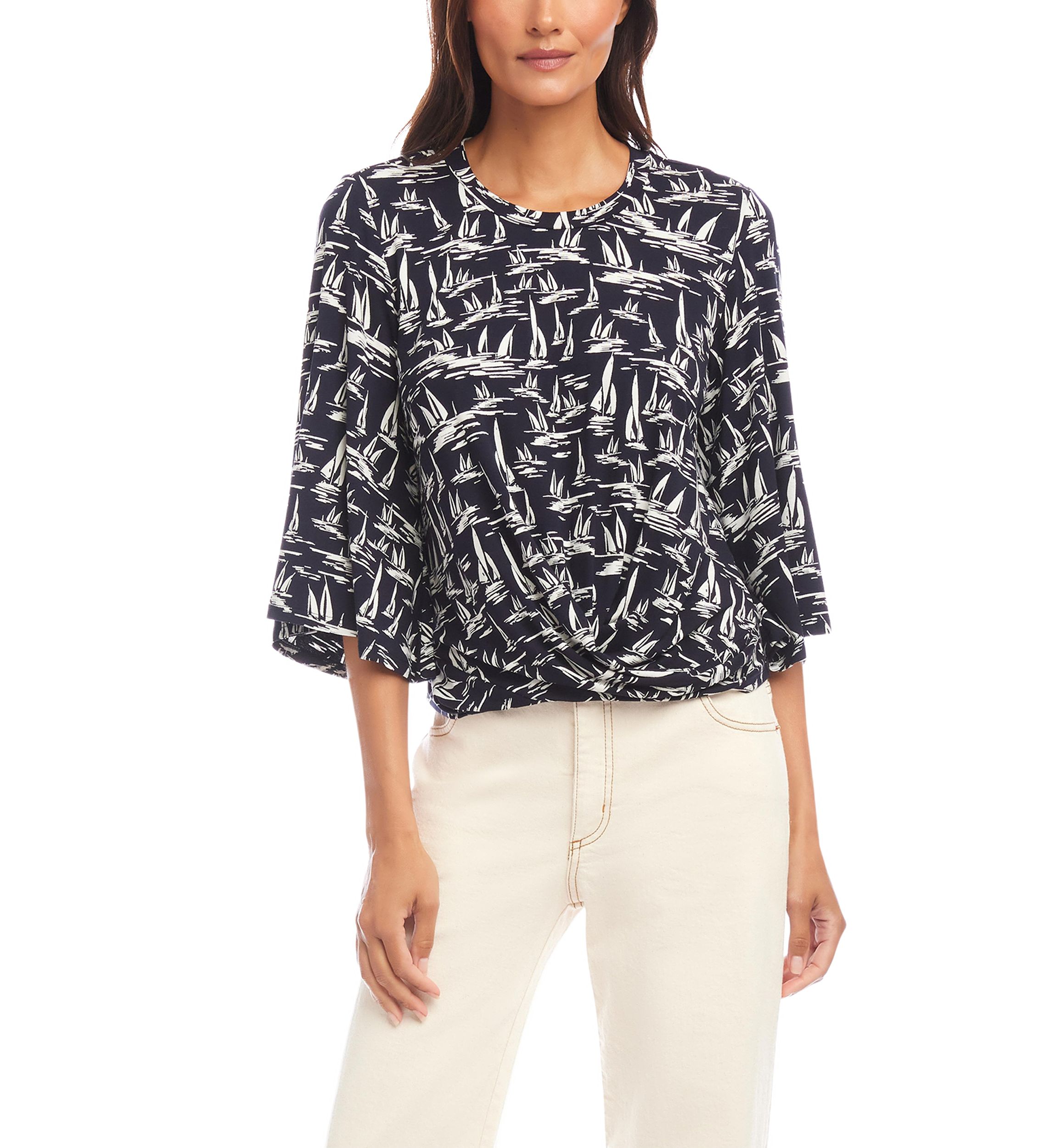 Womens Flare Sleeve Drape Front Top