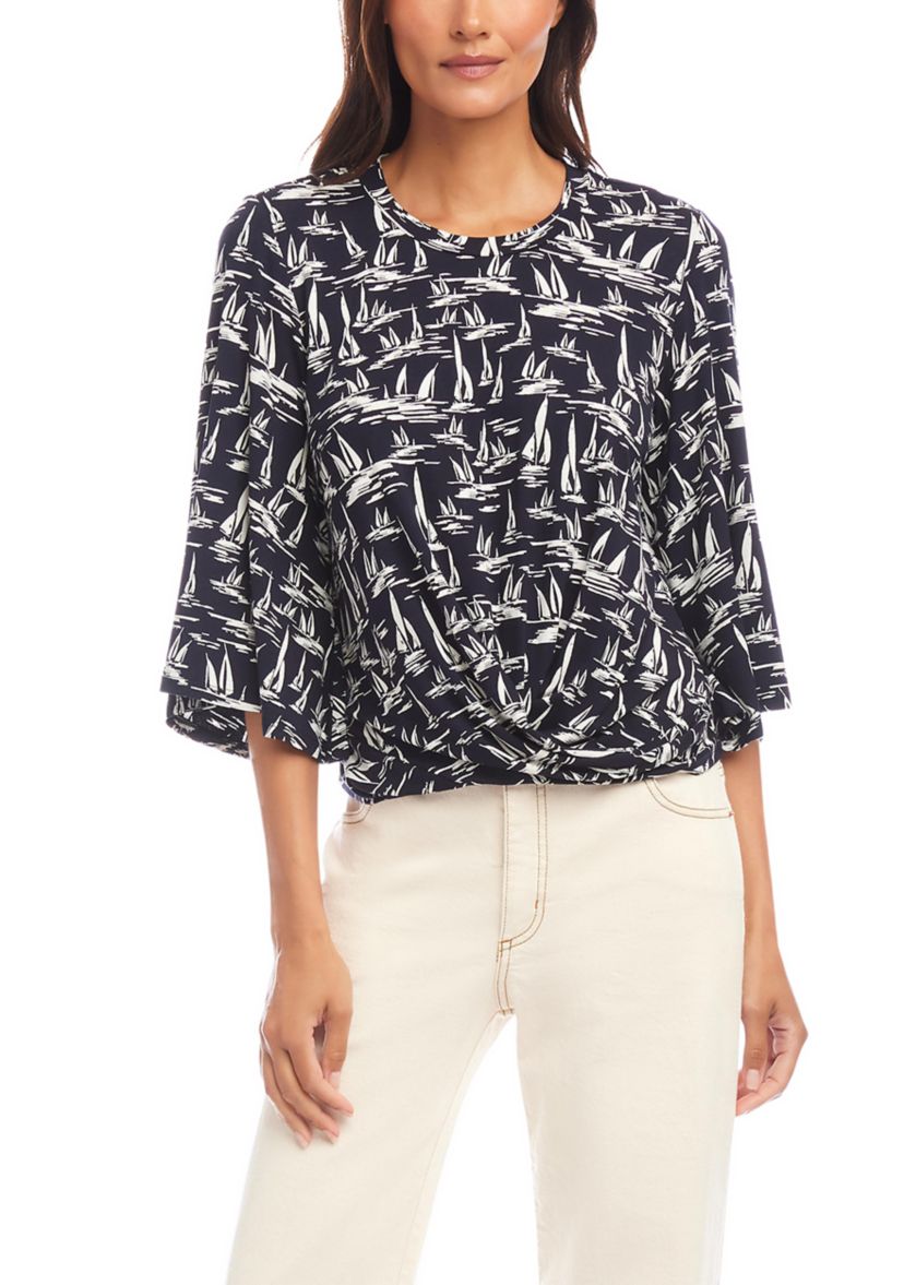 Womens Flare Sleeve Drape Front Top
