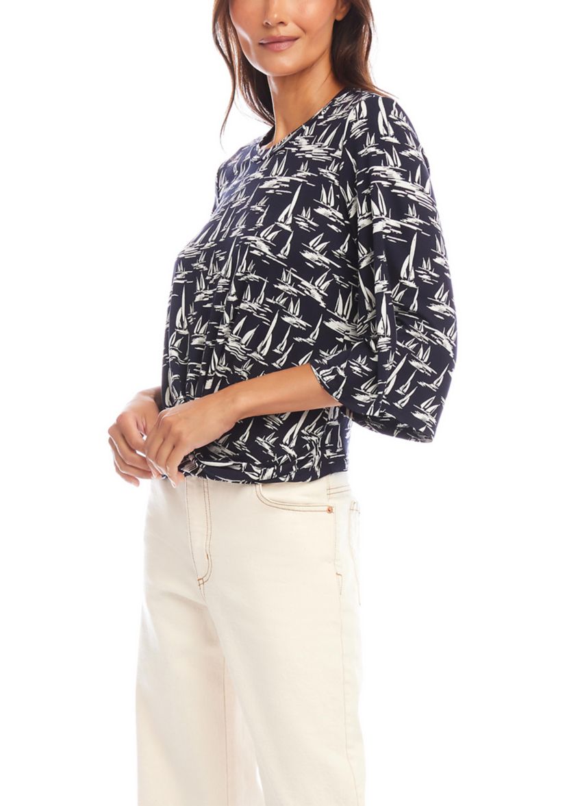 Womens Flare Sleeve Drape Front Top