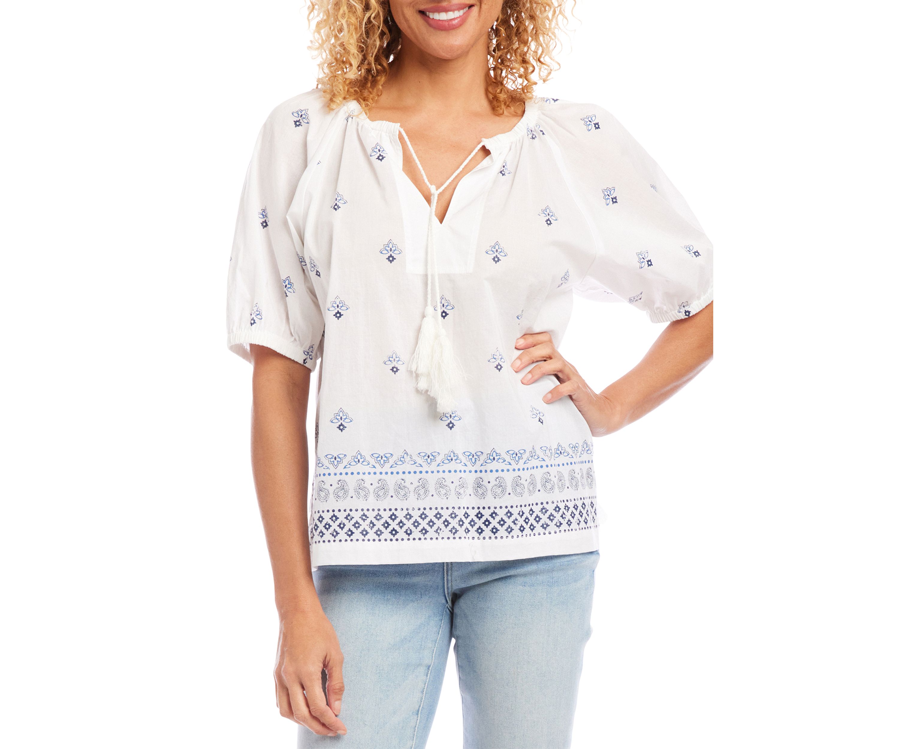 Womens Border Print Peasant Top