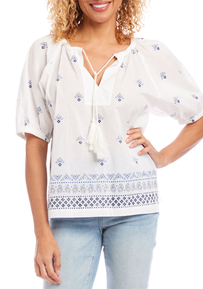 Womens Border Print Peasant Top