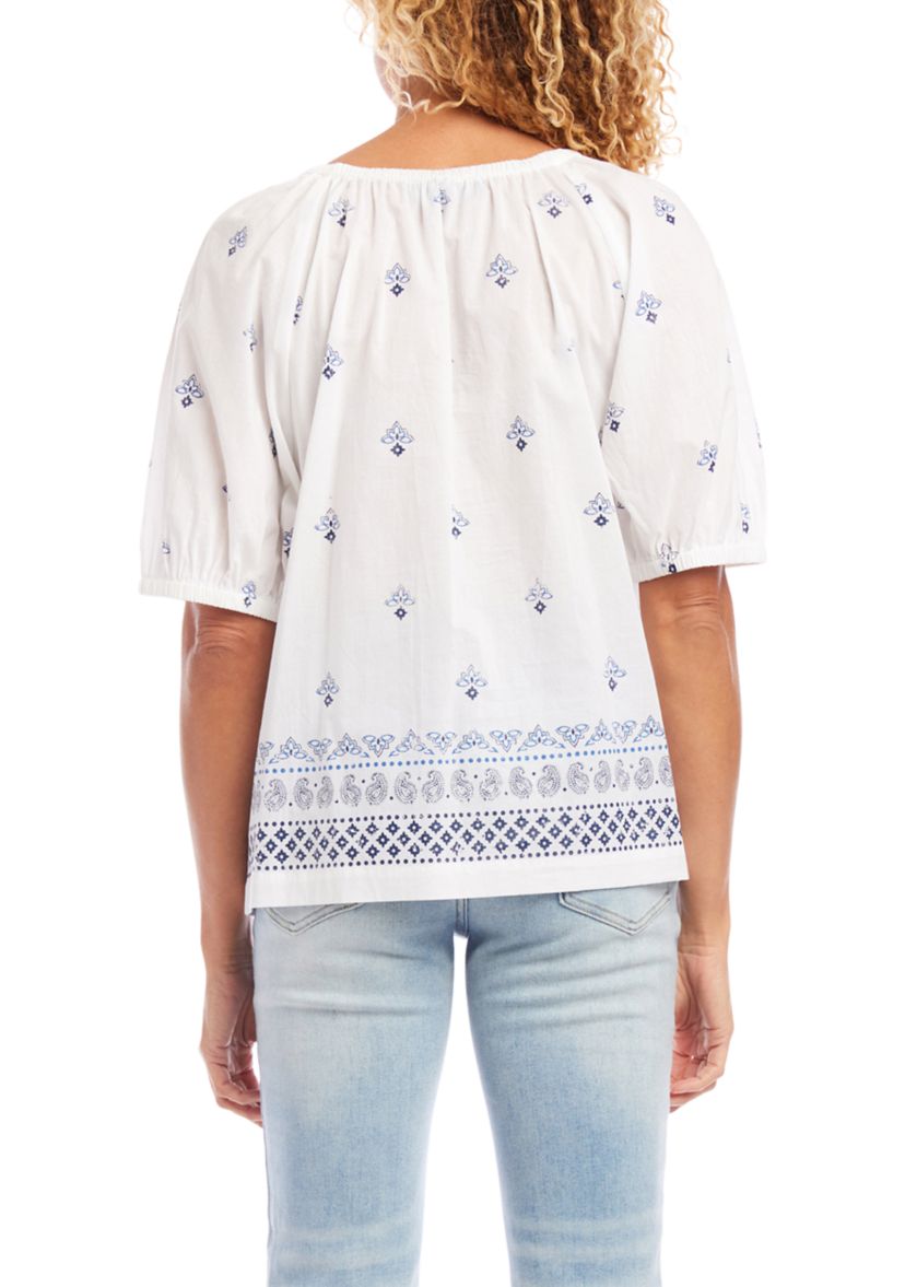 Womens Border Print Peasant Top