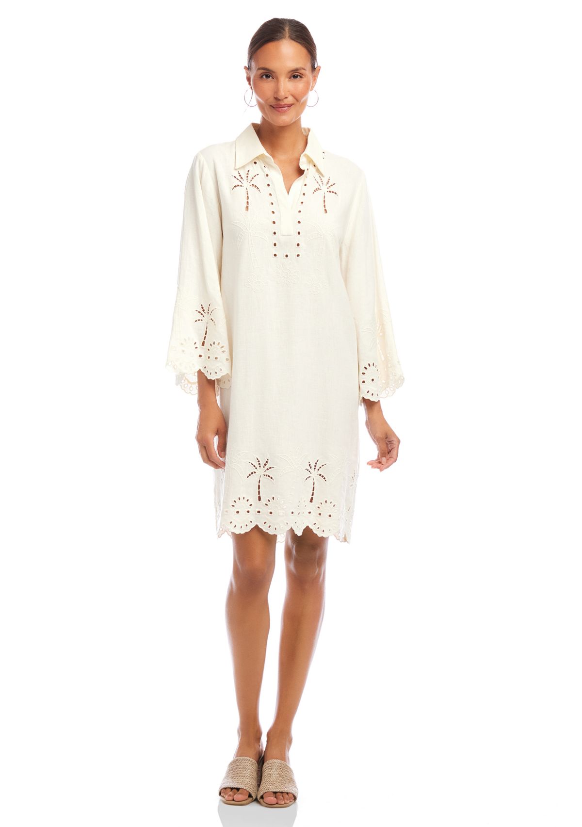 Womens Flare Sleeve Cutout Embroidered Shirtdress