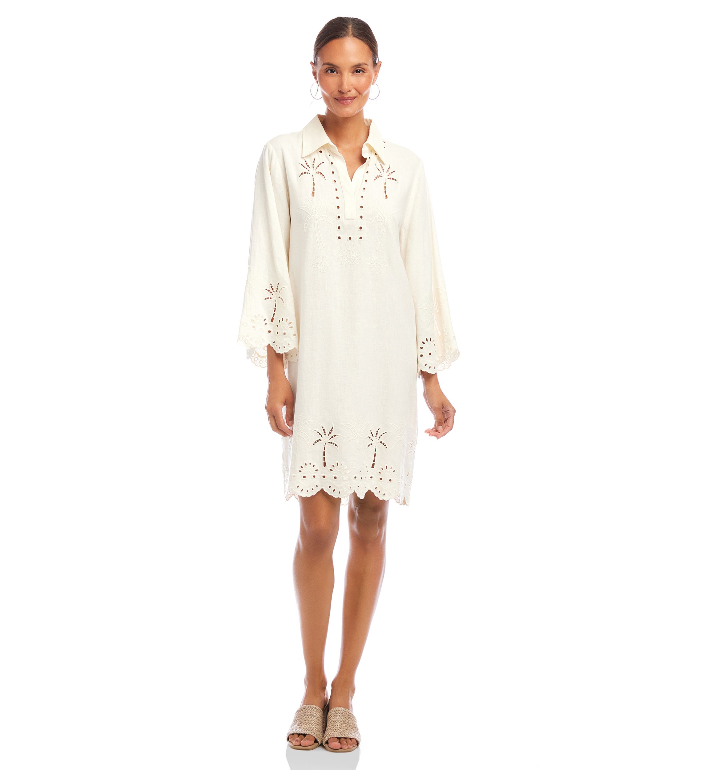 Womens Flare Sleeve Cutout Embroidered Shirtdress