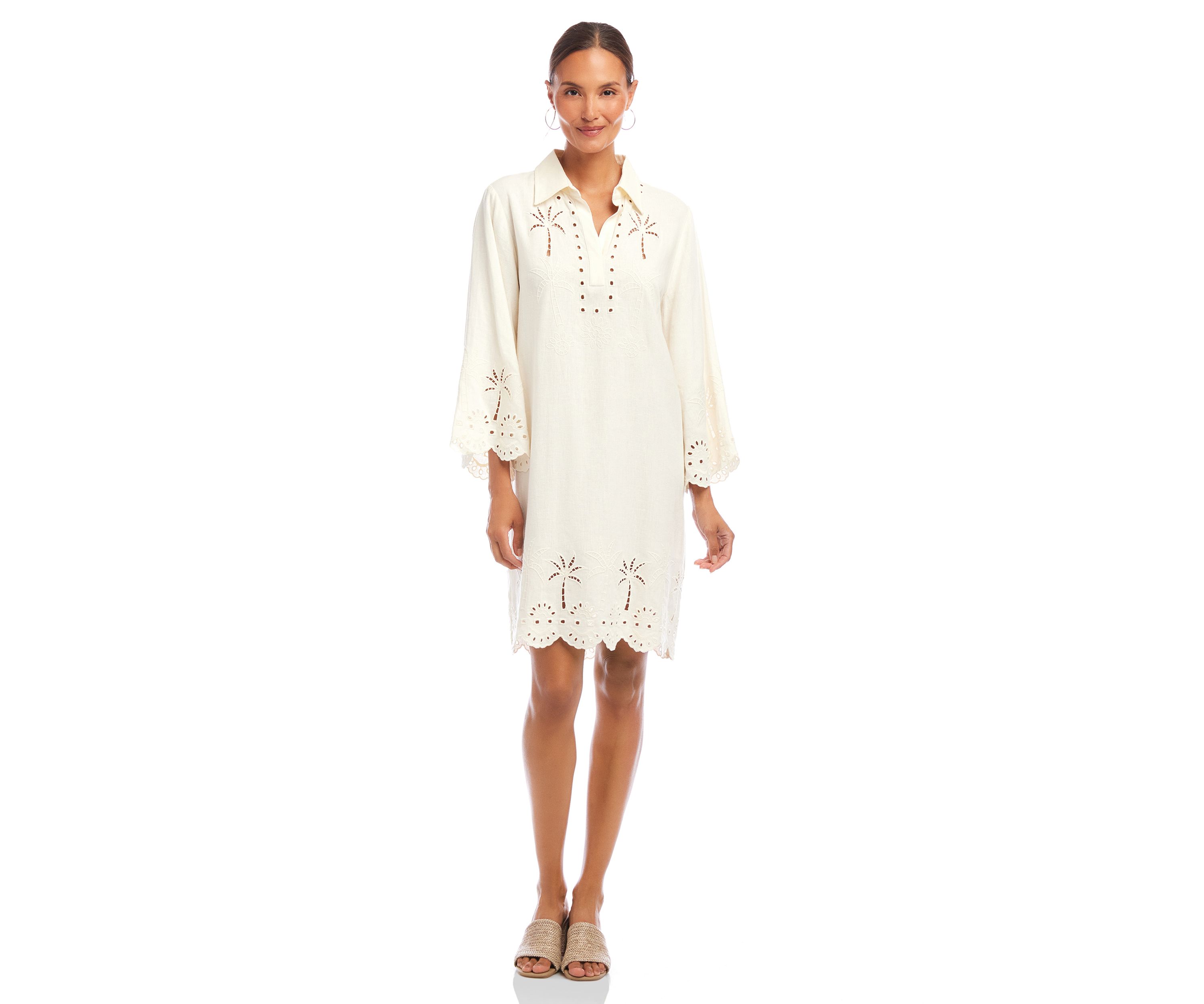 Womens Flare Sleeve Cutout Embroidered Shirtdress