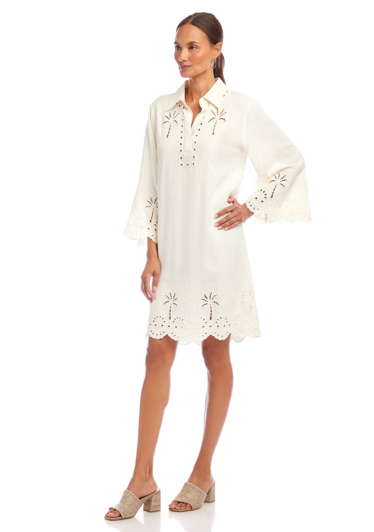Womens Flare Sleeve Cutout Embroidered Shirtdress