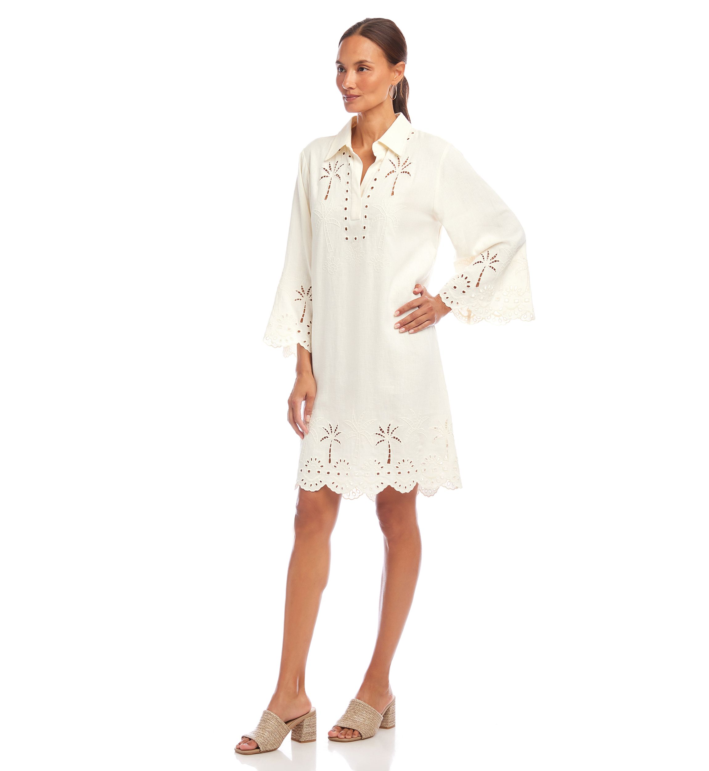 Womens Flare Sleeve Cutout Embroidered Shirtdress