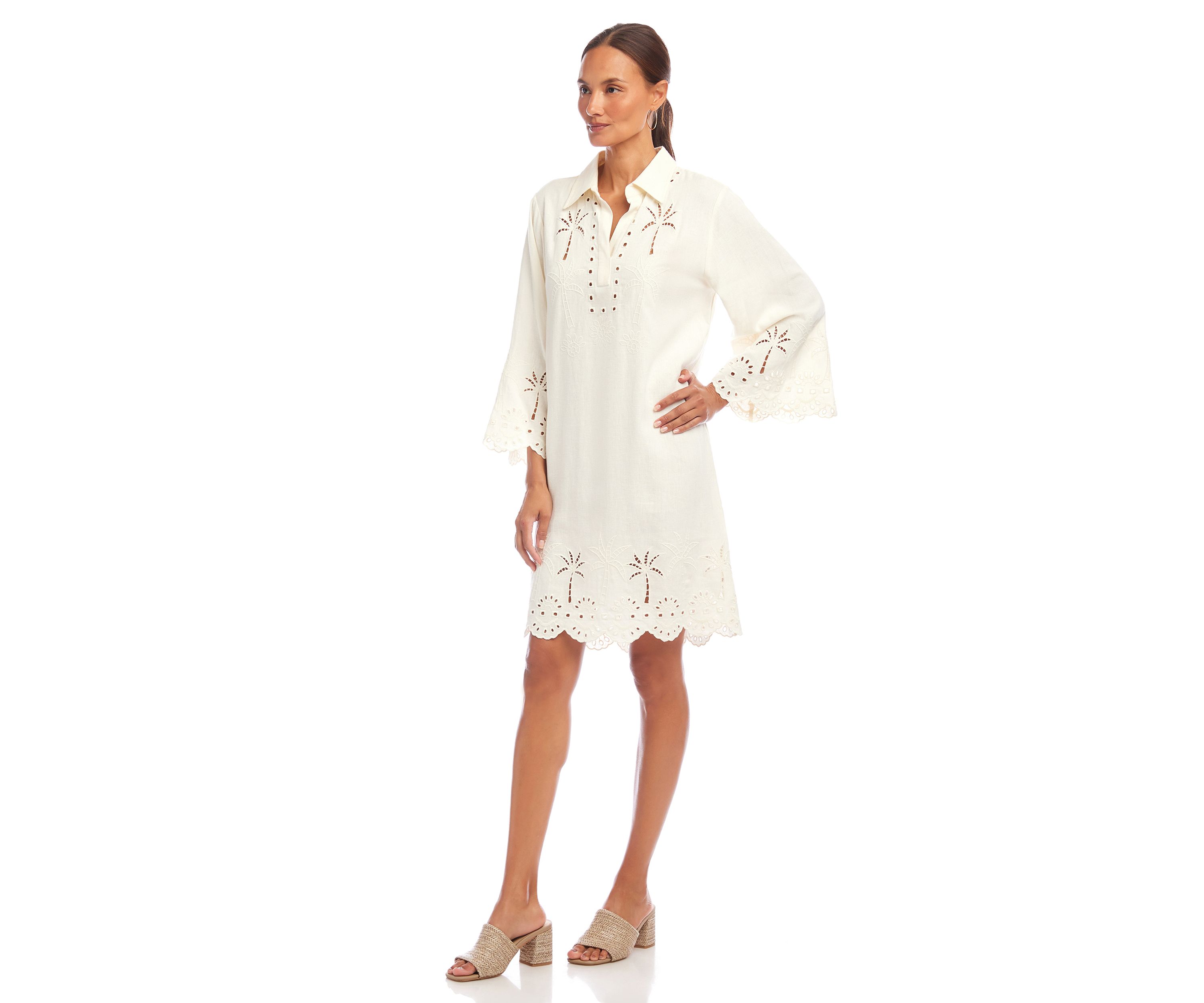 Womens Flare Sleeve Cutout Embroidered Shirtdress