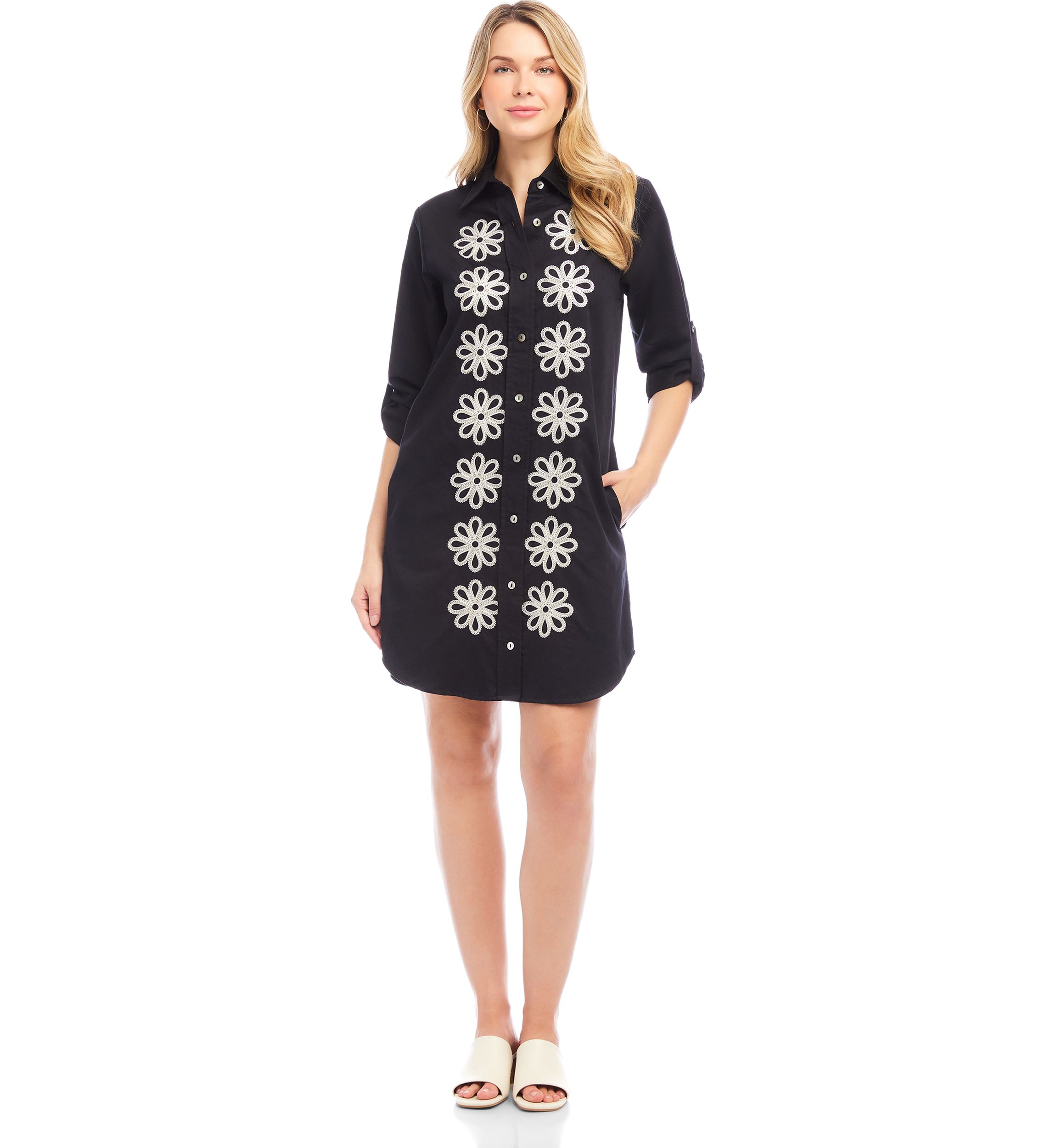 Petite Size Roll Tab Embroidered Shirtdress