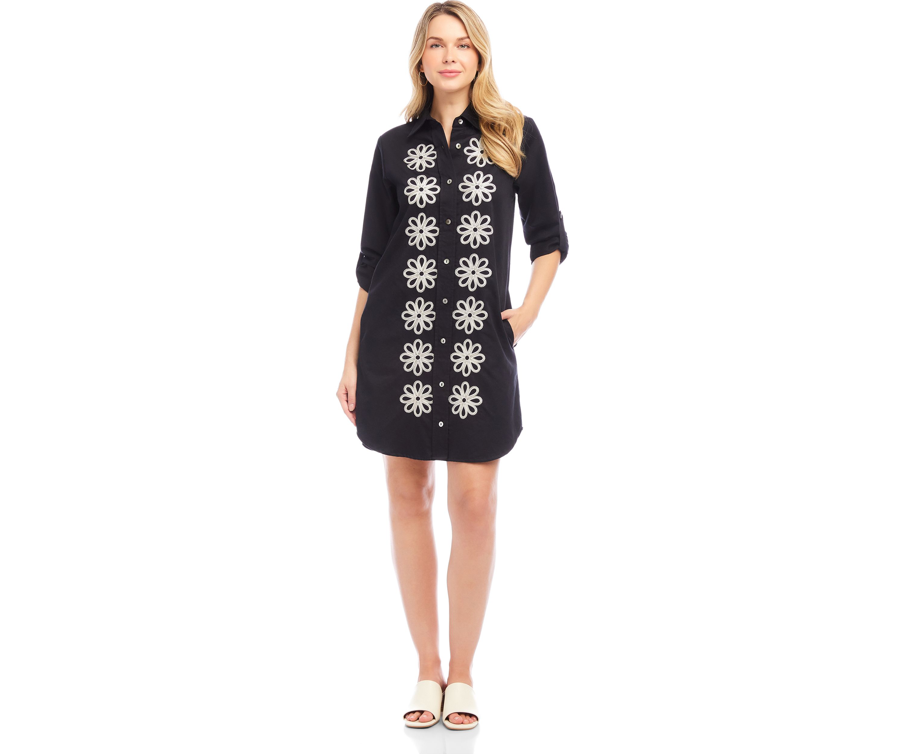 Petite Size Roll Tab Embroidered Shirtdress
