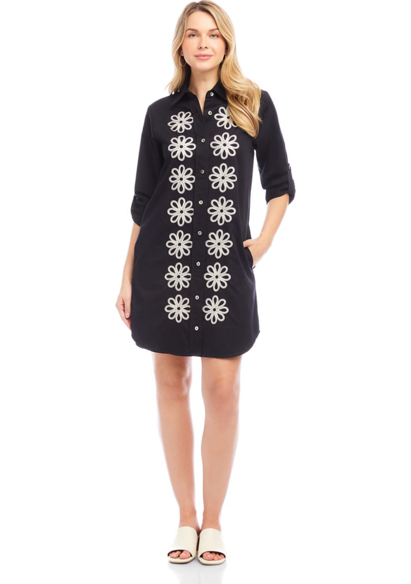 Petite Size Roll Tab Embroidered Shirtdress
