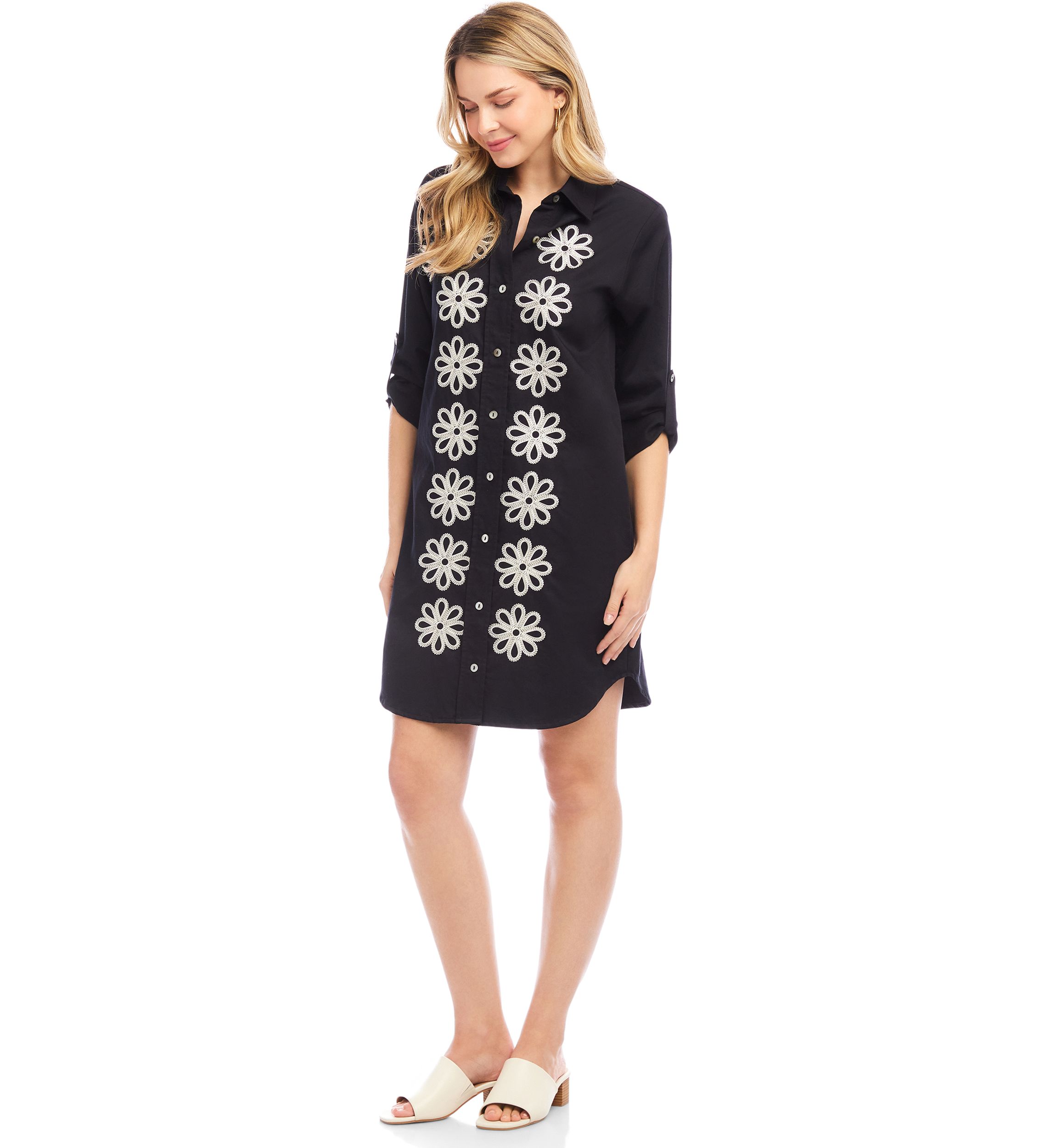 Petite Size Roll Tab Embroidered Shirtdress