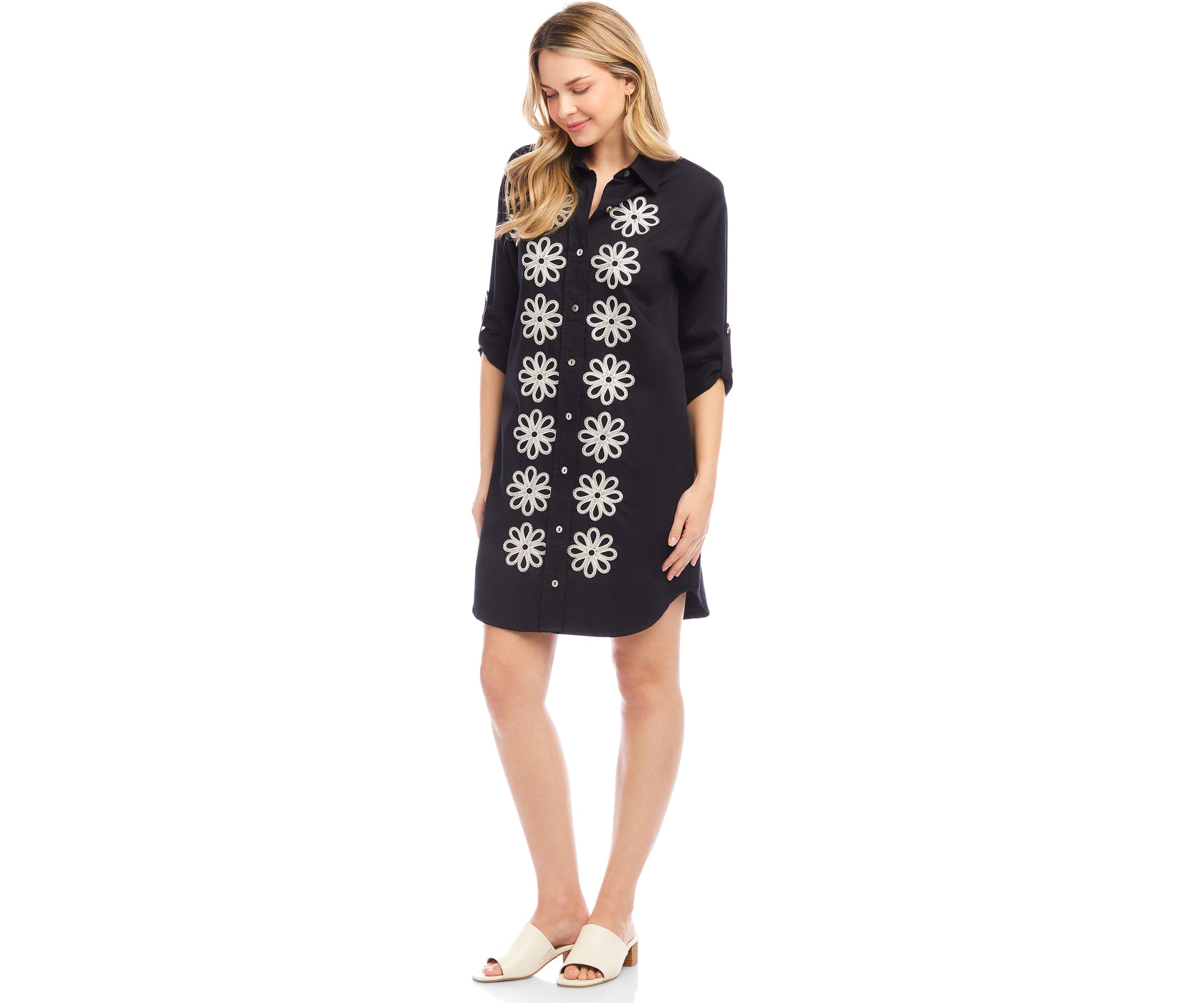 Petite Size Roll Tab Embroidered Shirtdress