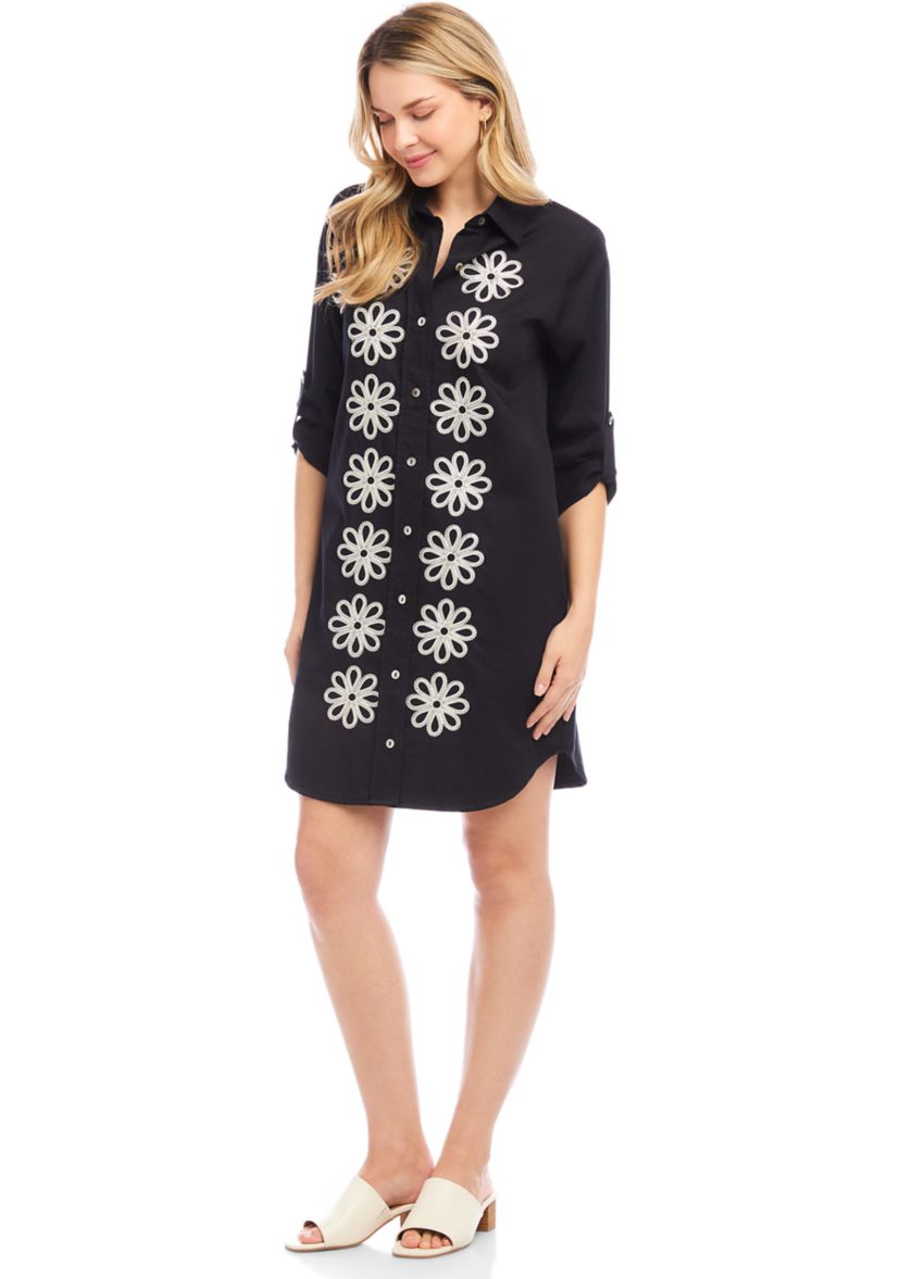 Petite Size Roll Tab Embroidered Shirtdress