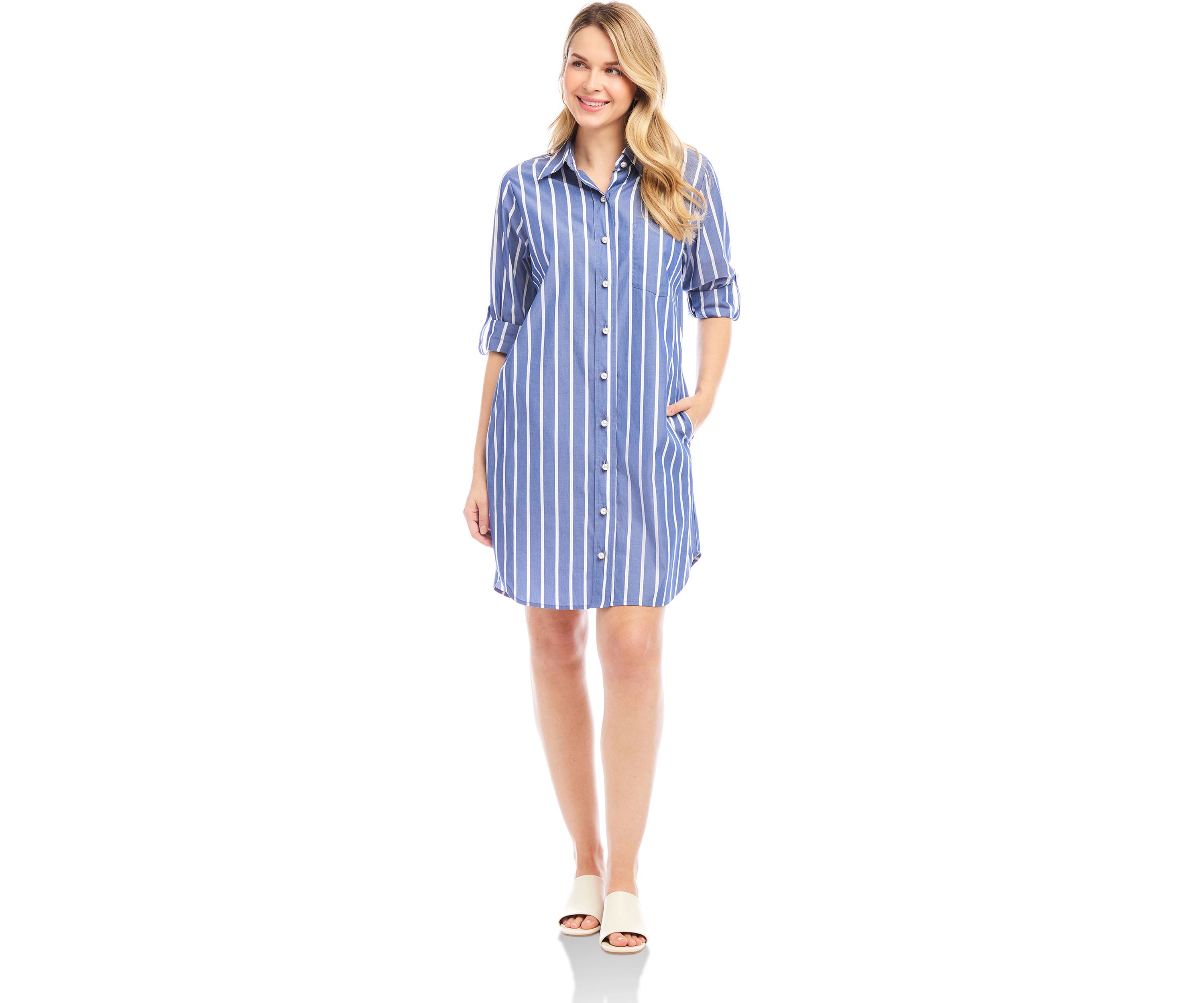 Womens Roll Tab Stripe Shirtdress