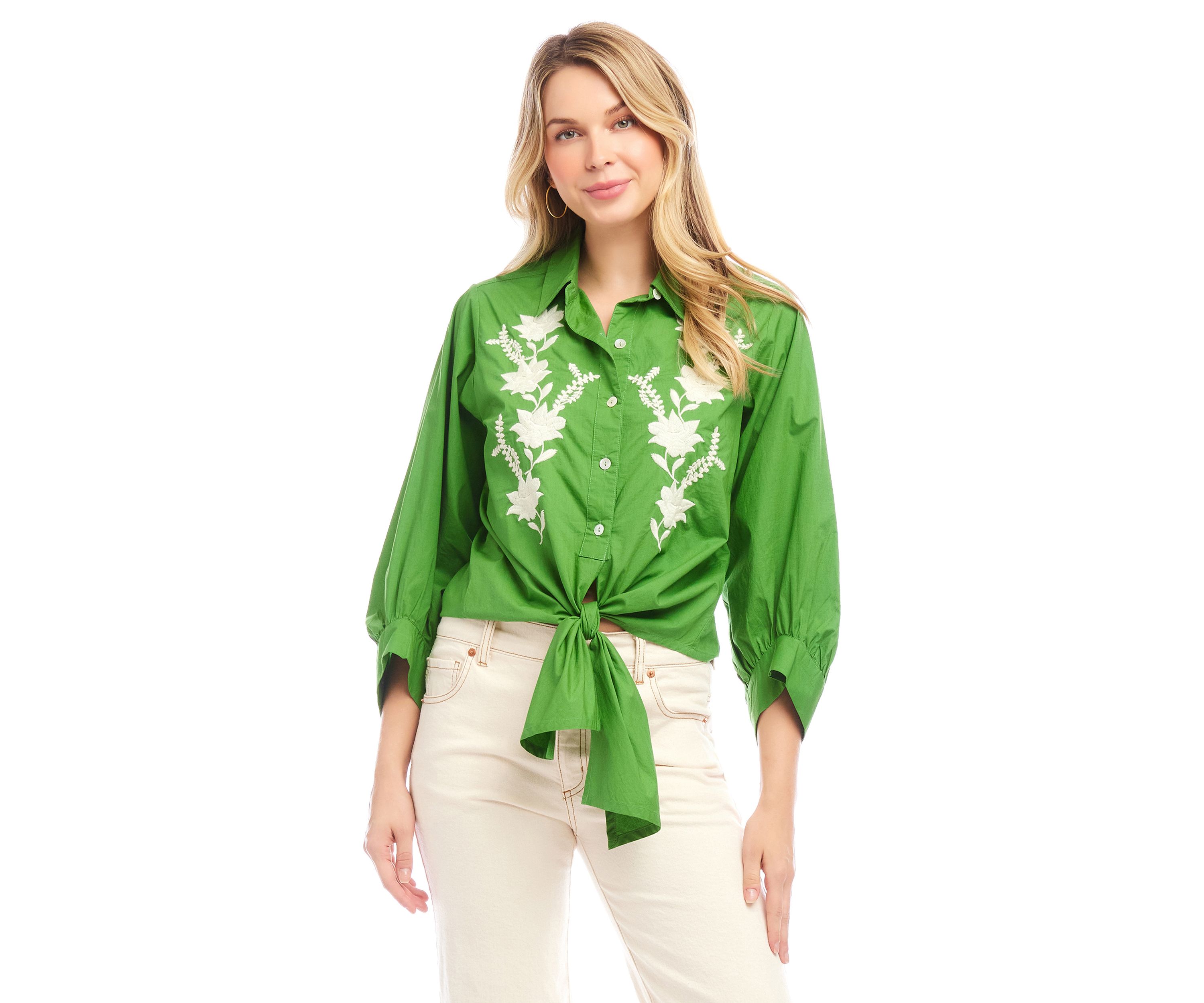 Womens Blouson Sleeve Embroidered Tie Front Top