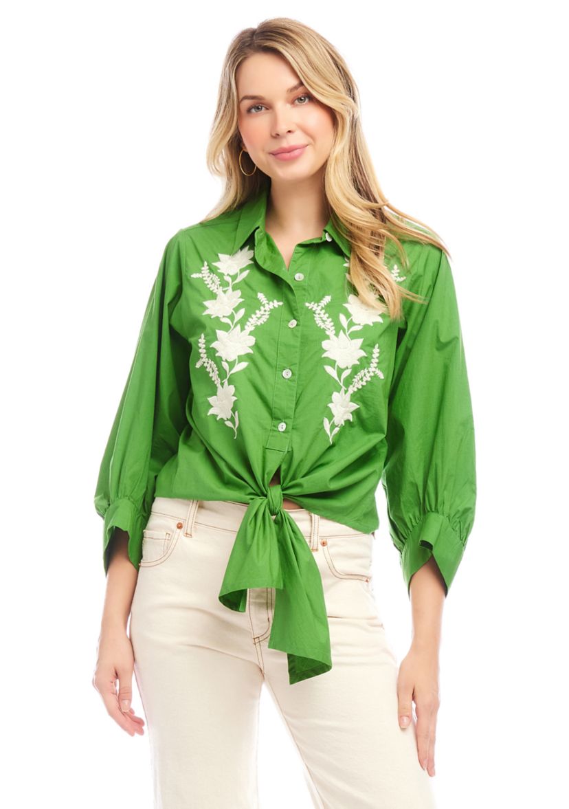 Womens Blouson Sleeve Embroidered Tie Front Top